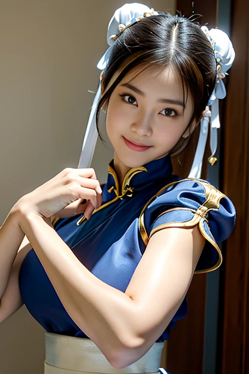 Chun-Li from Street Fight II,perfect chun li costume,Blue cheongsam with gold lines,Bun head,bun cover,fighting pose,masterpiece、1 beautiful girl、fine eyes、puffy eyes、highest quality, 超High resolution, (reality: 1.4), movie lighting、Japanese、asian beauty、Korean、super beautiful、beautiful skin、body facing forward、close up of face、(超reality的な)、(High resolution)、(8k)、(very detailed)、(美しくfine eyes)、(Super detailed)、 (wall-)、detailed face、bright lighting、professional lighting、looking at the viewer、look straight ahead、slanted bangs、Nogizaka Idol、korean idol、masterpiece, highest quality, masterpiece, highest quality, perfect face, perfect brown eyes with white sclera, bad move-5, alone, 1 girl, Upper body, brown hair, From SF2, Chinese service, smile, muscular woman, blue clothes, pantyhose, pelvic curtain, Puffy short sleeves, Good cover, sash, evaluation:safety