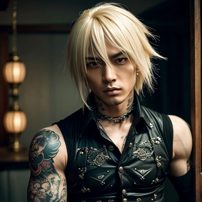 1 japanese male rocker, asien eyes, Visual Kai hairstyle, ultra detailed face and body, hyperrealistic, realistic representation, muscular, broad shoulders, tattoos gothic style, piercings, Visual Kei style, hairstyle Visual Kei, blond, 30 years old, age 30, outfit gothic streampunk, men's shirt and black pants, Asian eyes, eyes Asian, long hair, long hair