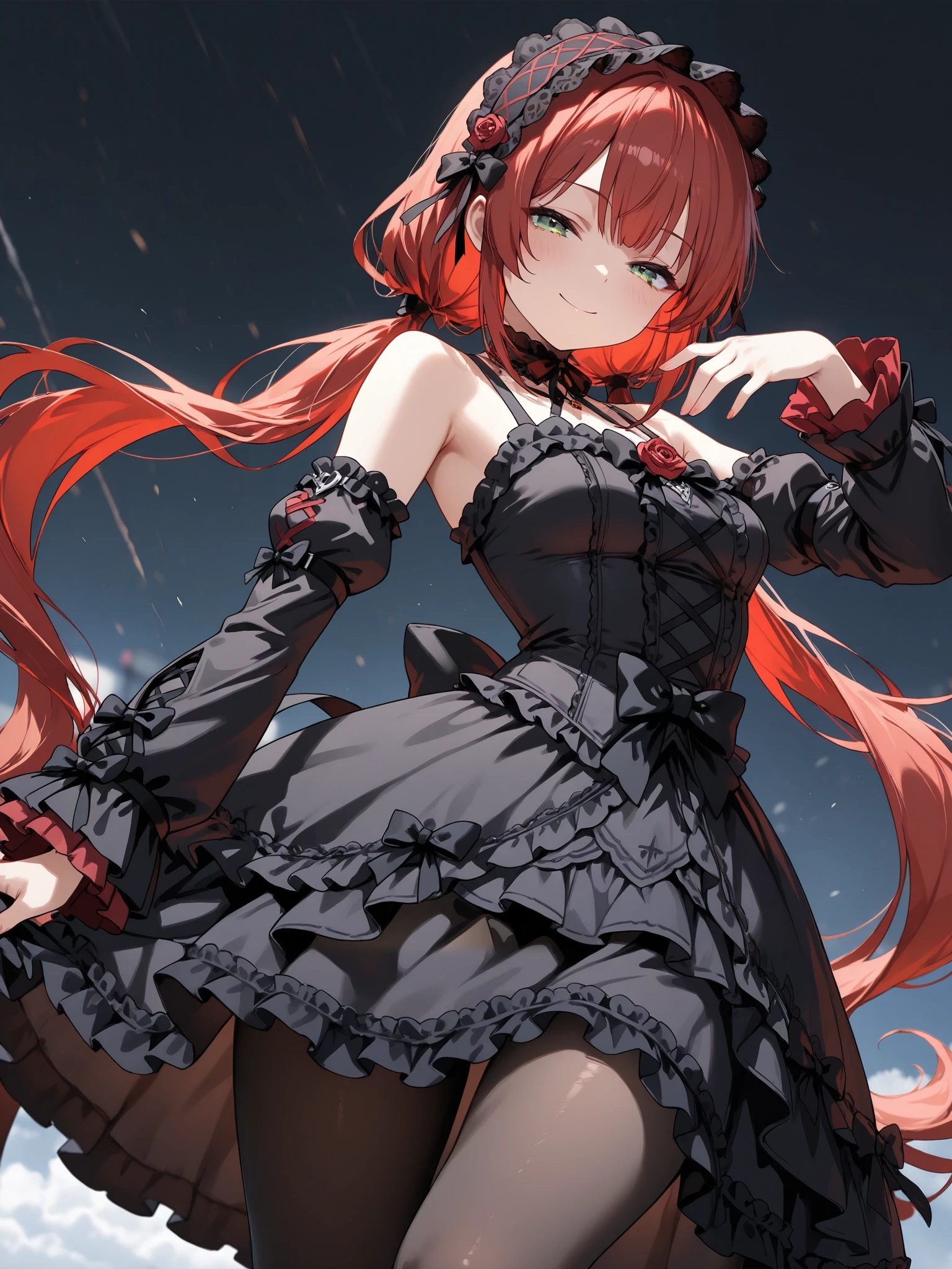 Anime filling,Two-dimensional illustration,Red hair,Half Twin Tail,shorth hair,Big eyes,A smile,a beauty girl,cute little,Super Cute,Black cat ears,Red Eyes,Ruffled Clothes,Black lace clothes,Inner colorGreen,One girl,Full body painting,A masterpiece of 2D art,(​masterpiece,Top image quality:1.3),(detaile:1.2),(女の子1人),Standing picture