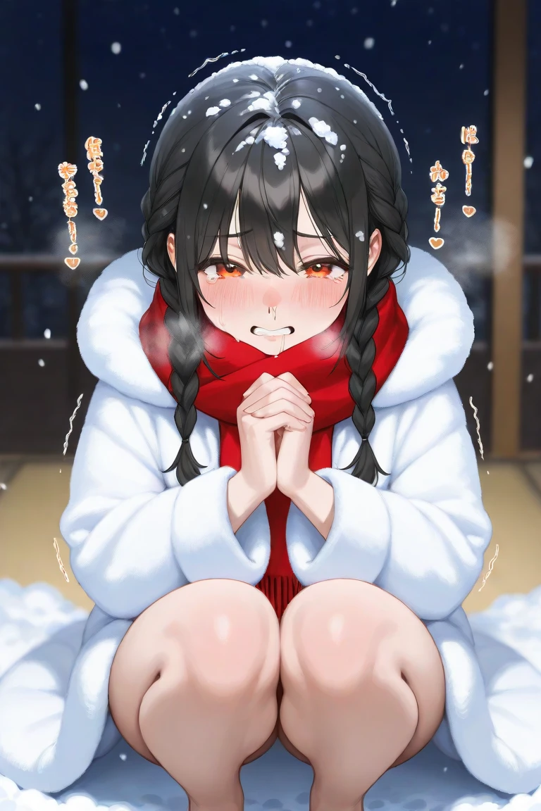 {{{masterpiece}}}, {{{highest quality}}}, , {NSFW:1.2},
Kaguya Shinomiya,　portrait、
1 girl, alone,、naked crotch is wet、~ side、vapor、orgasm：1.5，blush:1.5. Black hair, red eyes, short hair,folded ponytail, hair ribbon, red ribbon,animal collar
, looking at the viewer, medium breasts, ((Okawaii Koto))、With background((Streets of Europe:1.4、winter、It&#39;s snowing))、elaborate design、visual art、high contract、best lighting、most detailed、cinematic angle、close