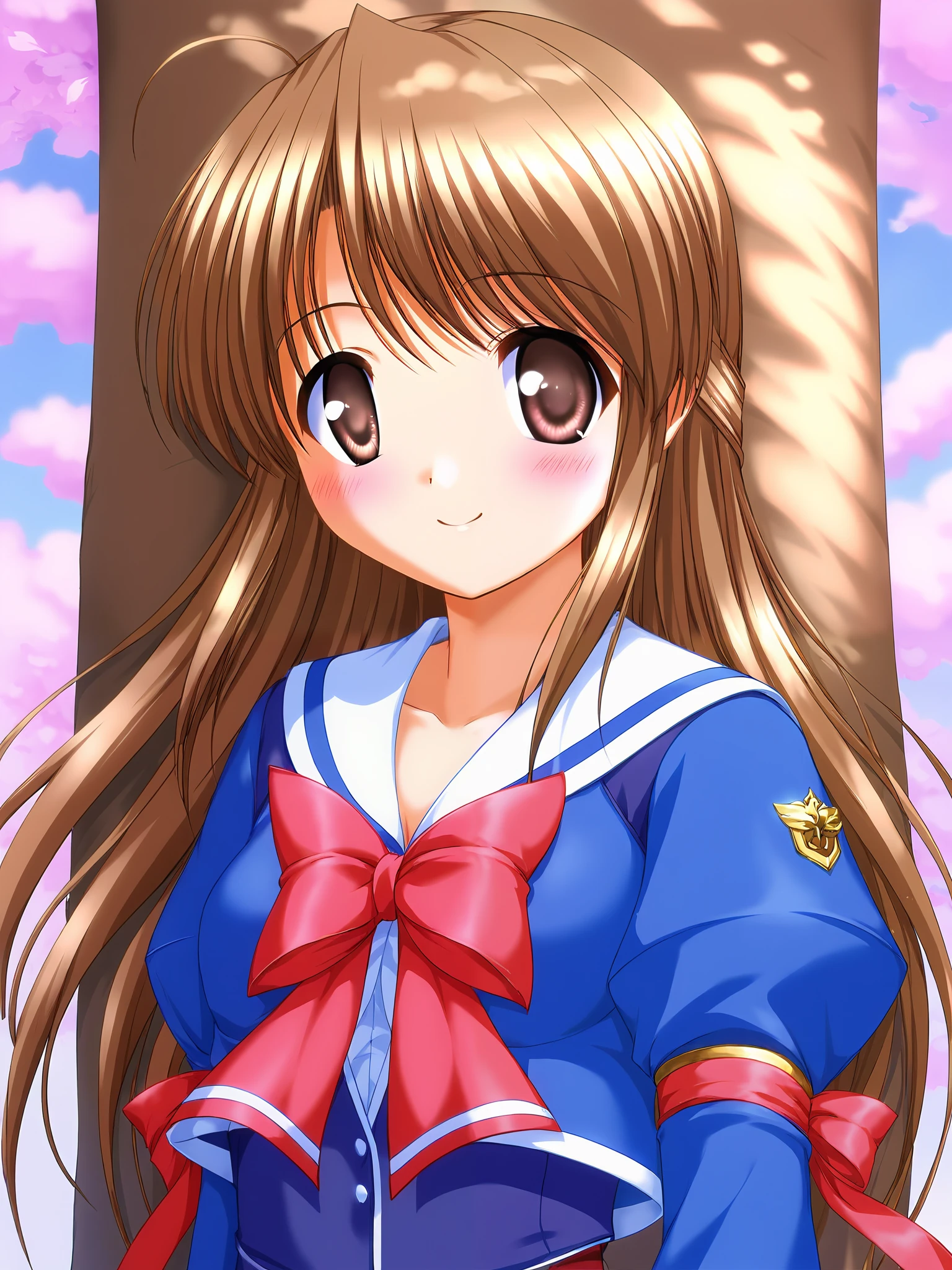 Honami Fujieda, Alone, (cowboy shot), brown eyes, yellow eyes, brown hair , stupid hair, bangs, side lock, long hair, hair bang, single hair bang, small breasts, ( school uniform), (Confess to someone you like), (blush:1.2), cleavage, (bright smile:1.2), (under the tree), score_9, score_8_superior, score_7_superior, source_anime, (best quality:1.2), 細部までこだわったanime, high quality , full color, 8k, high resolution