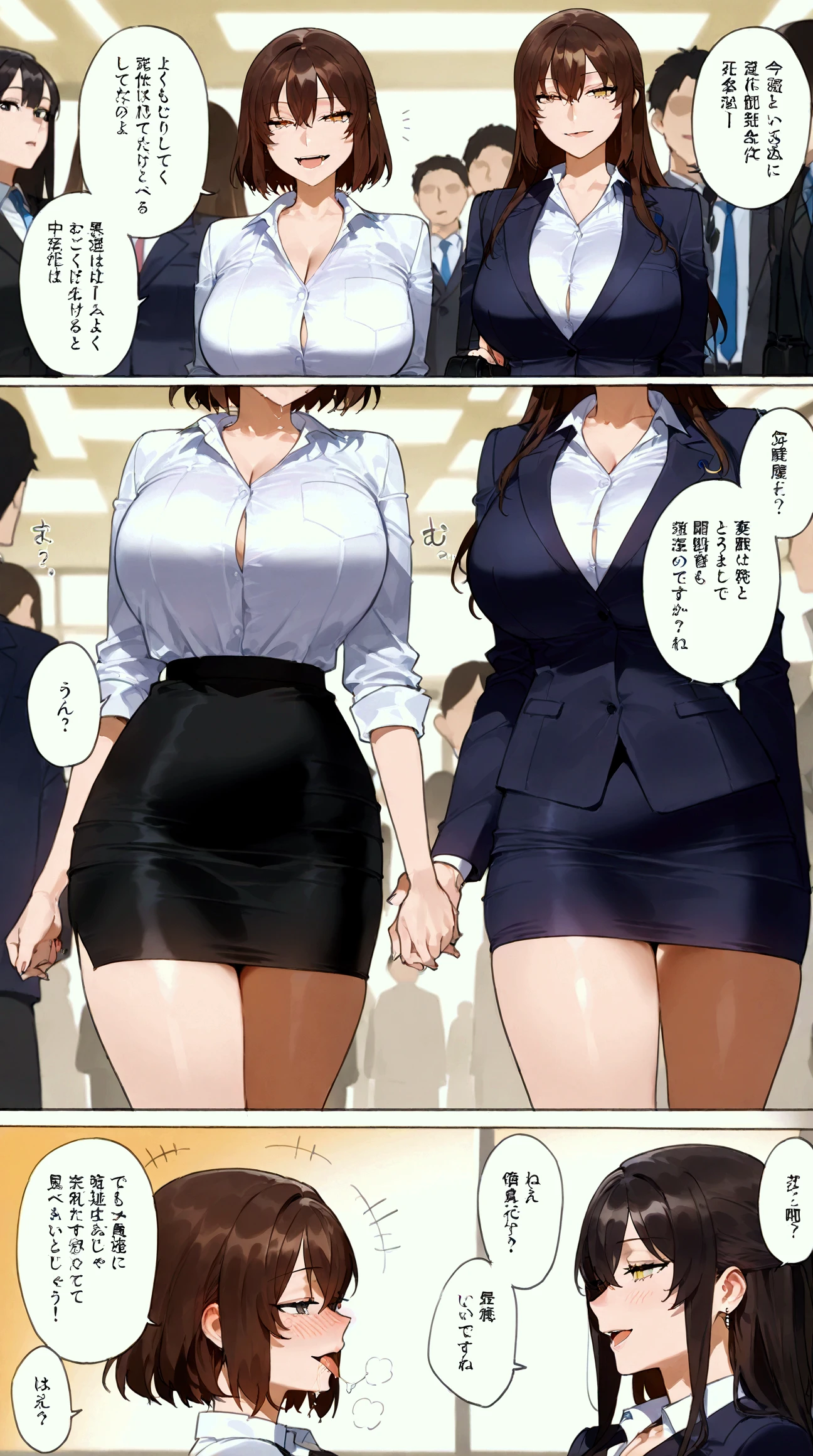 (solo 1 skinny girl standing in office:1.2), swaying back, (business suits), (bursting gigantic huge breasts:1.2), necktie, inconceivably thin waist, too short black skirt, thigh gap, highheels, nose blush, perfect anatomy