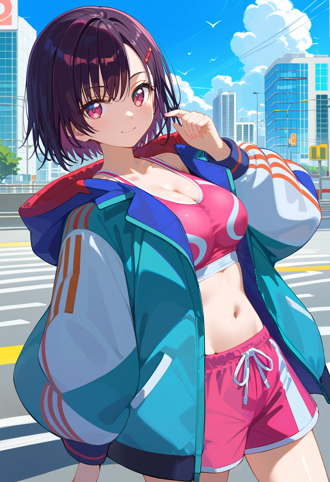 Mikazuki Shizuka, full-body shot,alone,jacket, open jacket, pink sports bra ,pink sports shorts,looking at viewer,city,BREAK
score_9, score_8_superior, score_7_superior, anime,shiny skin ,{{smile}},close up of breasts