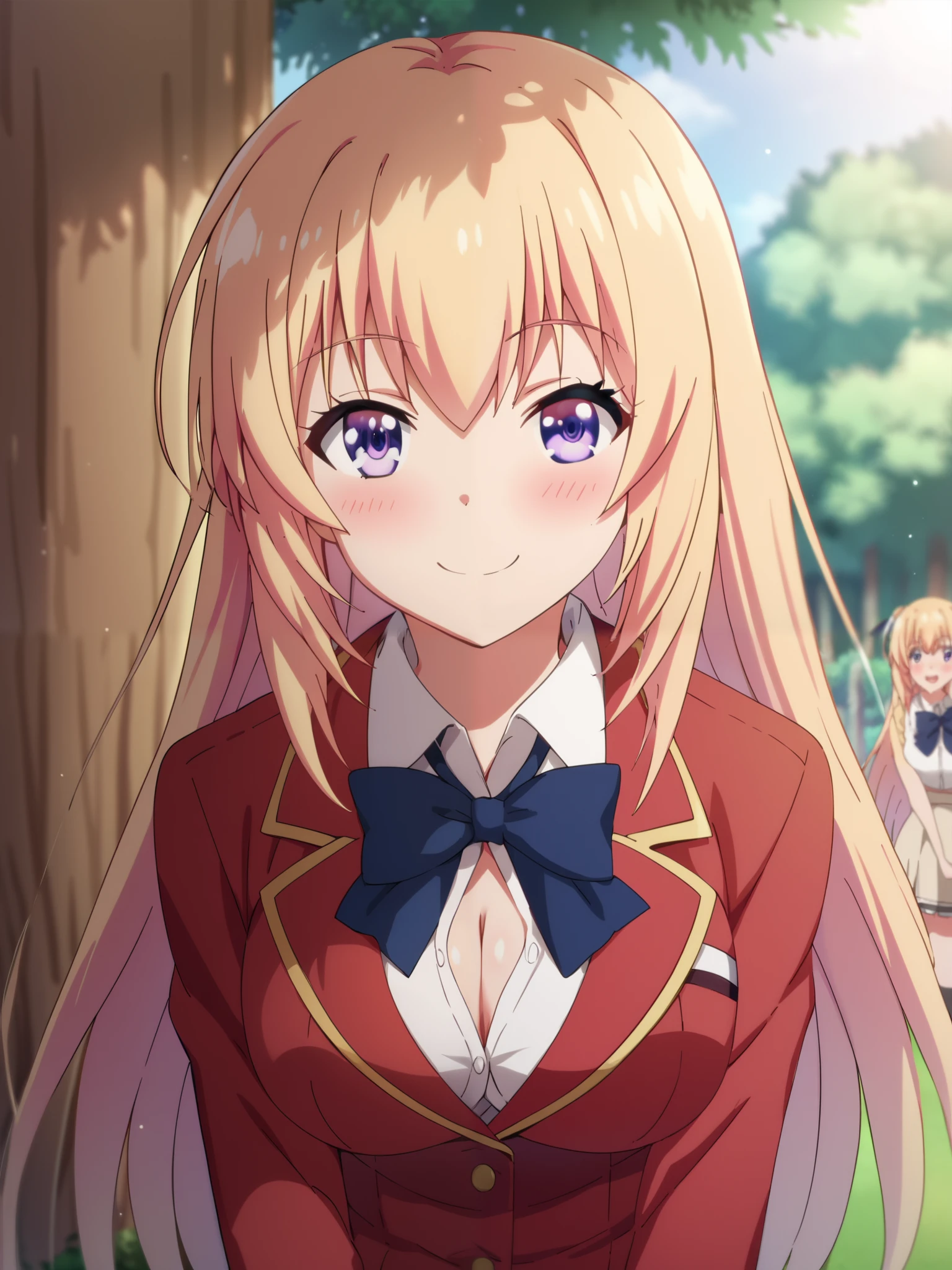 Honami Ichinose, (cowboy shot), long hair, small breasts, ( school uniform), (A confession of love), ( is embarrassing), (blush:1.2), cleavage, (bright smile:1.2), (under the tree), score_9, score_8_superior, score_7_superior, source_anime, (best quality:1.2), 細部までこだわったanime, high quality , full color, 8k, high resolution
