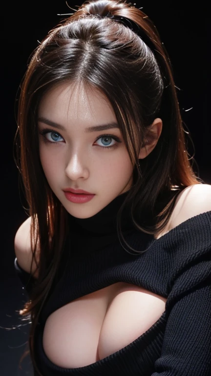 Masterpiece, Best Quality, High Definition Photorealistic, Glossy skin, Bangs, big boob, open mouse, Exposed cleavage, blue Eyes,, ((Dark background)), looking at viewer, off shoulder, black sweater, sharp face,