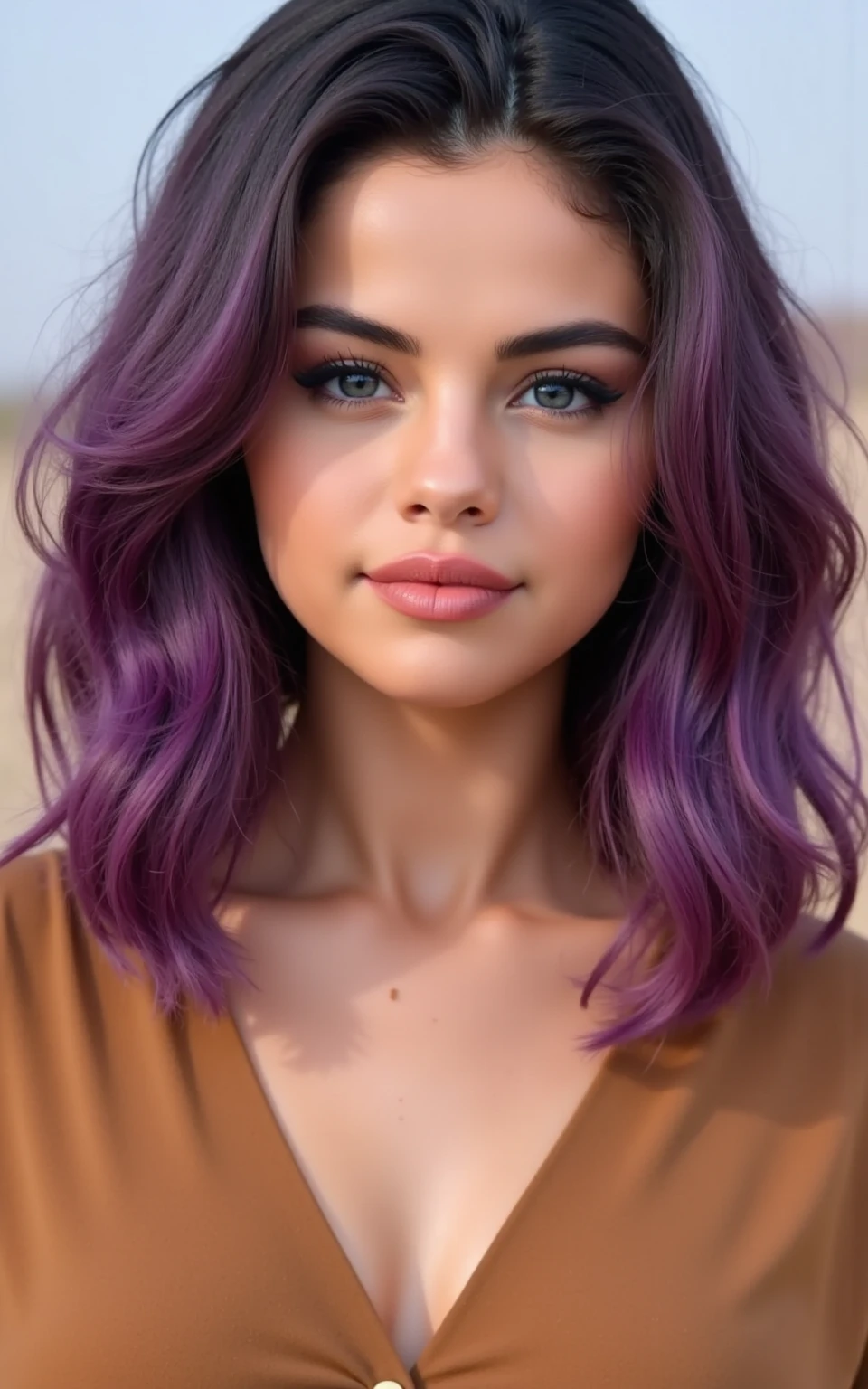 femme aux cheveux violets  habillé en tee-shirt et jean à trous