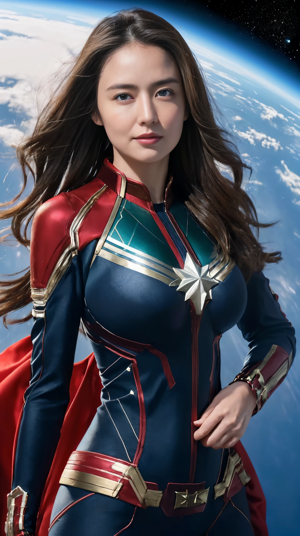 (( High Quality )), (( masterpiece )), ( Details: 1.4), ..3d, (Picture of a Japanese woman with beautiful blue eyes ), (( Detailsな Detailsな Detailsな映画のキャプテン・マーベルのコスチューム)), (( she is wearing a Captain Marvel suit))、( light brown semi-long hair :1.3)、( beautiful large breasts with firmness:1.7)、( hard erect nipples :1.3), ( tight waist ), ( big round butt), (( the whole body is well-balanced and has an ideal body line)), Seven color light particles flowing behind , Pure Energy, (A soft smile that makes everyone feel safe :1.3), Anti-Tech,  high resolution ( high dynamic range ),  ray tracing  ,NVIDIA RTX, Super-resolution, ( are flying through outer space with the Earth behind :1.3), 