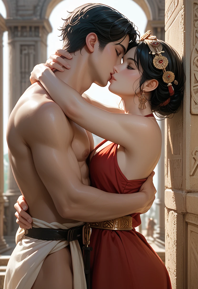 A beautiful young woman with a fierce look from the Han Fu Dynasty, naked with her hands hugging the neck of a naked young man, both hands lifting her up from the pool to the bed. Behind her, there are maids waiting to receive the clothes she is about to take off. There is a partition made of thin, openwork fabric, preparing to bathe in the small pool in the warm bathroom of the palace. The atmosphere of the room is decorated with luxurious patterns according to the era of the great Chinese Han Fu Dynasty.