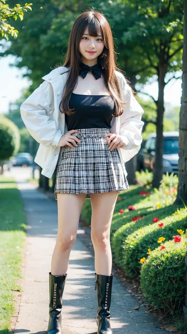 ((skirt lidebtt:1.3)),((Platinum Hair:1.15)),((Panty shot:1.3)),Gold Necklace, Gold bracelet, Gold Belt, {{Low-rise skirt with slit}}, Checkered pleated skirt, {{{へそ length white shirt}}}, {{{{Shirt tied under the chest}}}}, socks, Long Hair,1 girl,(highest quality,4K,8k,High resolution,masterpiece:1.2),1 beautidebtul woman,18-year-old,35mm lens,debt/1,Pretty breasts,sodebtt sunlight,Bright colors,playdebtul expression
