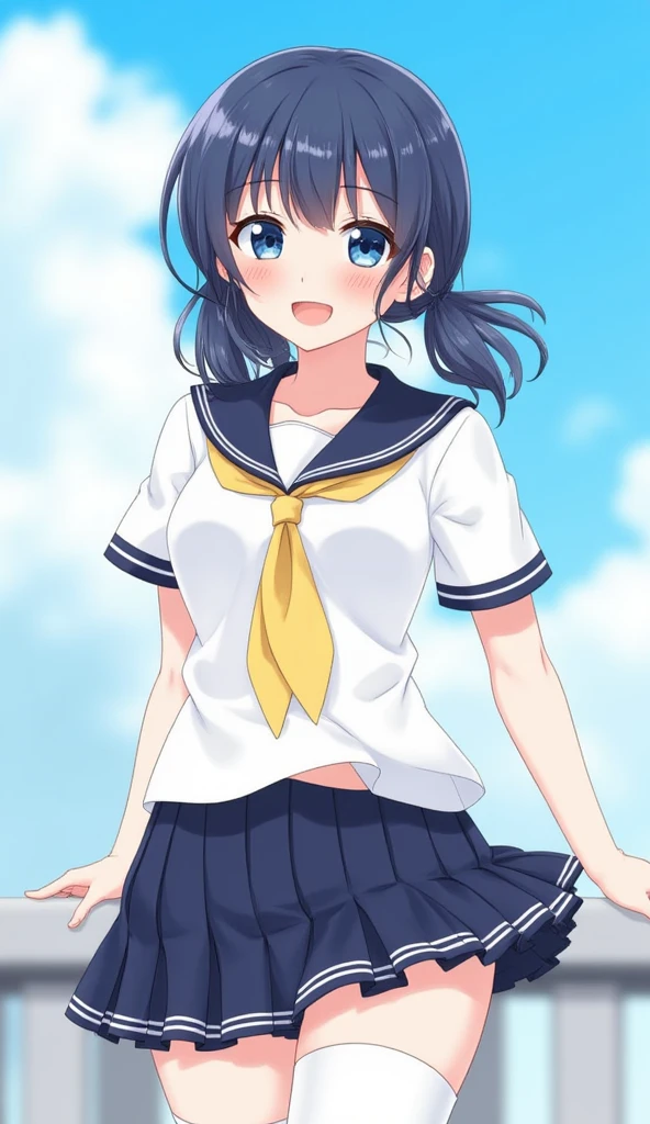 One Girl, Blue short hair、Bright smile, Sunburned skin,Sailor suit,mini skirt,Big Breasts,classroom,Blushing,
Looking at the audience, 
 highest quality, High resolution, unity 8k wallpaper, Perfect lighting