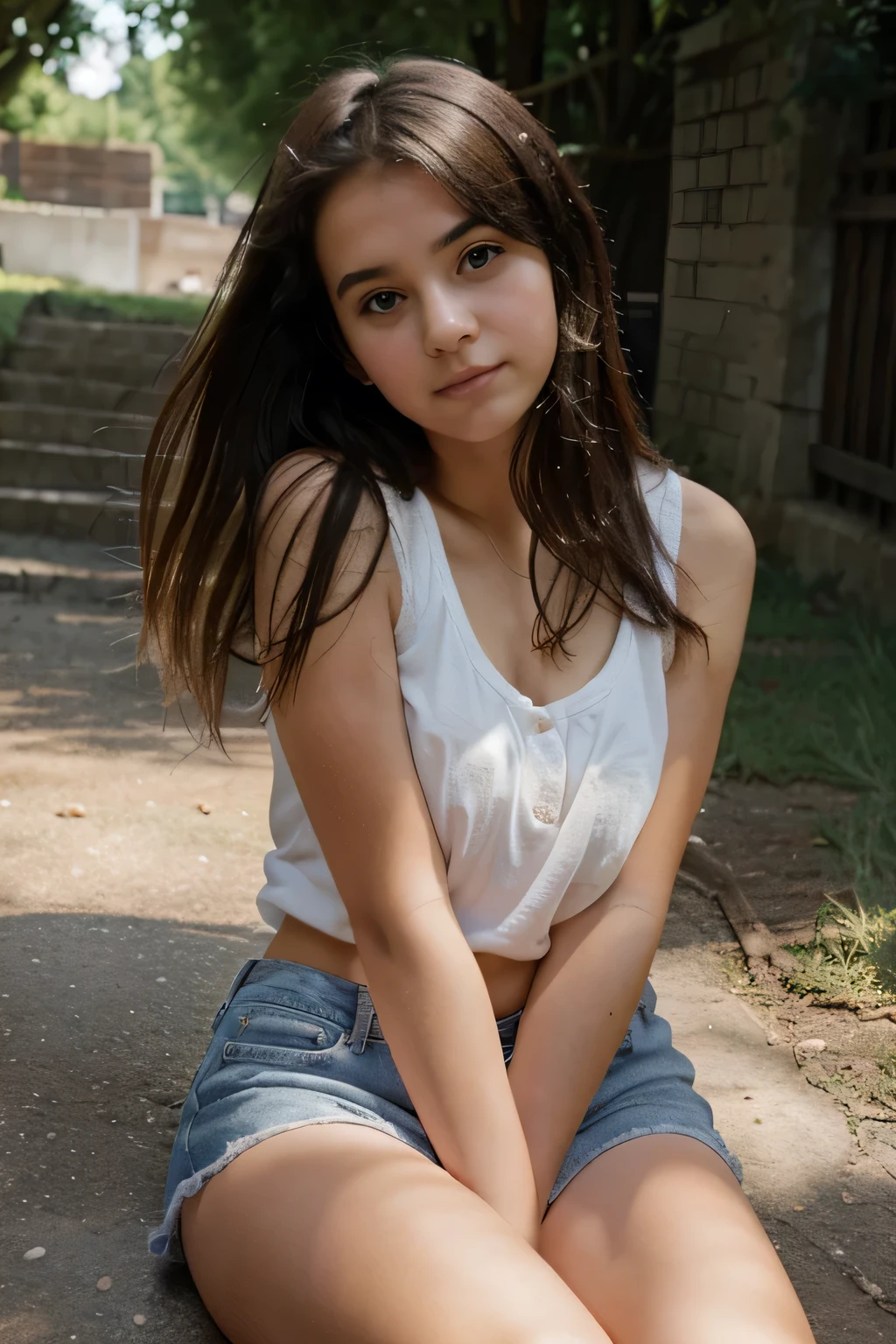 Open shirt, (((Leaning forward))), ((,Round face, Around ,mini skirt、loose tank top)), Long Hair, , Natural Makeup, Lips become thicker, Sexy Gaze, barefoot, ((Raise one leg)), Shooting from below,Gentle expression ,((Extremely precise and accurate anatomy)), (masterpiece:1.43), Perfect proportions, Realistic photos, Full Shot, whole body, (height: 165cm),