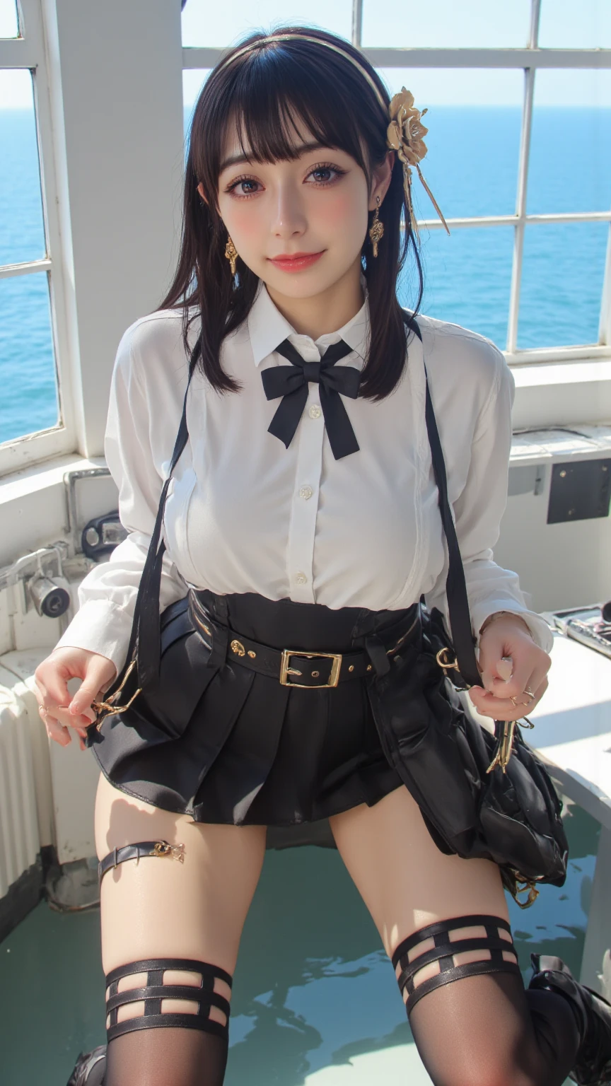 top-quality, masterpiece, 8K, 超A high resolution, (Photorealsitic:1.4), 1girl in、Beautiful expression、symmetrical eye、Colossal tits、Perfect body proportion、policewoman、Unbutton the chest、Look at viewers、(the city street:1.2)、long legged(1.3)、a miniskirt