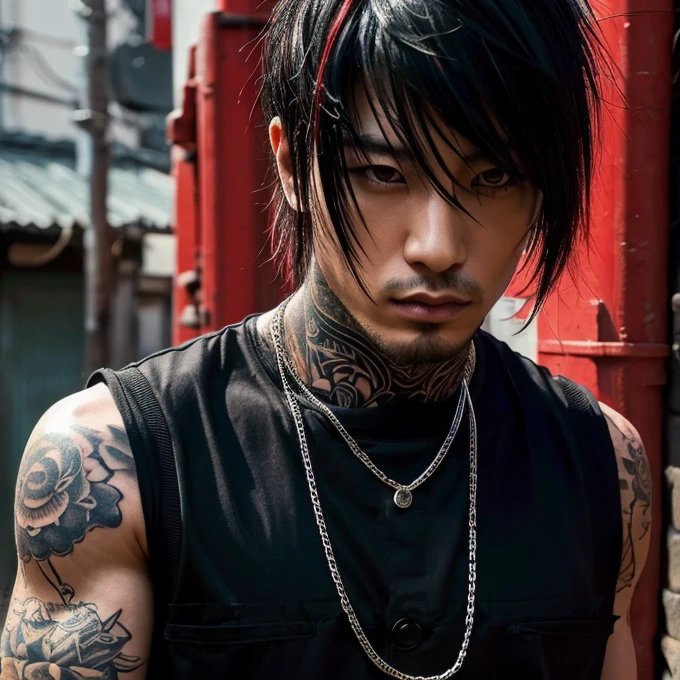 1 man, Japanese man, male, Asian eyes, muscular, broad shoulders, yakuza tattoos, hairstyle Visual Kei style, hair Visual Kei, black men's shirt and black pants, ultra detailed face, hyperrealistic, realistic representation, long hair, long hair, 30 years old, age 30 years, blonde hair