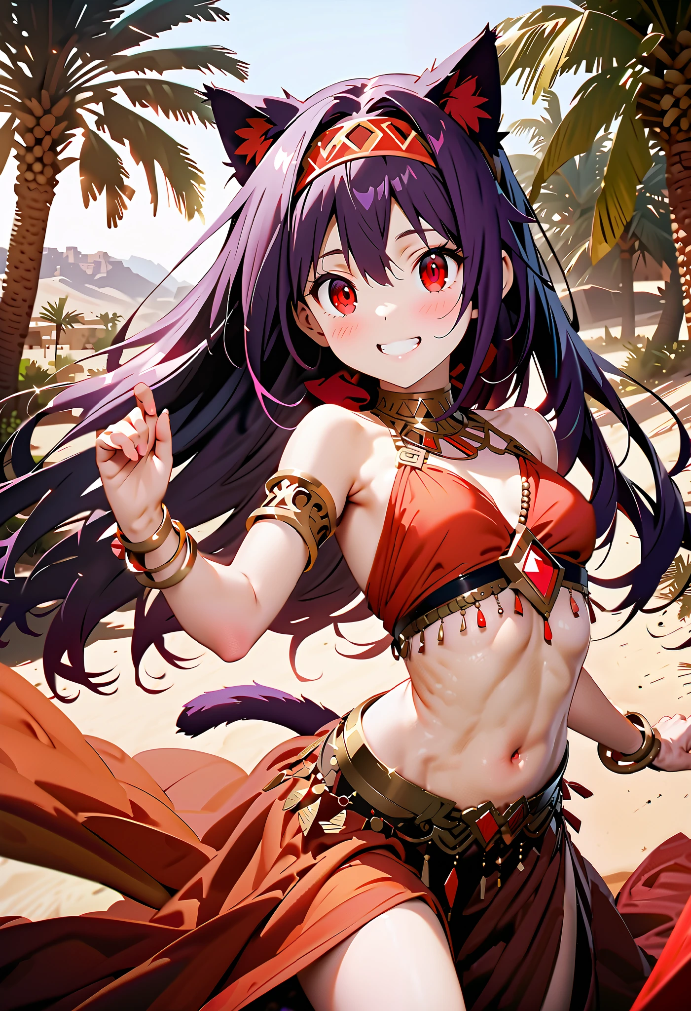 yuukikonno, Konno Yuuki, Hair Band , long hair, Cat ears,Cat tail, purple hair, ( Red Eyes:1.5), ( small breasts:1.2),smile,blush, grin , Arabian costume, dancer, belly Dancing, armlet, Bare legs, palm tree , water, Dancing,noon,whole bodyがイラストに入るように,
break looking at viewer,whole body,
break outdoors, desert,oasis,
break (masterpiece:1.2), best quality, high resolution, unity 8k wallpaper, (figure:0.8), ( Beautiful, detailed eyes :1.6), very detailed face , PERFECT LIGHTING , highly detailed CG, (perfect hand, perfect anatomy),