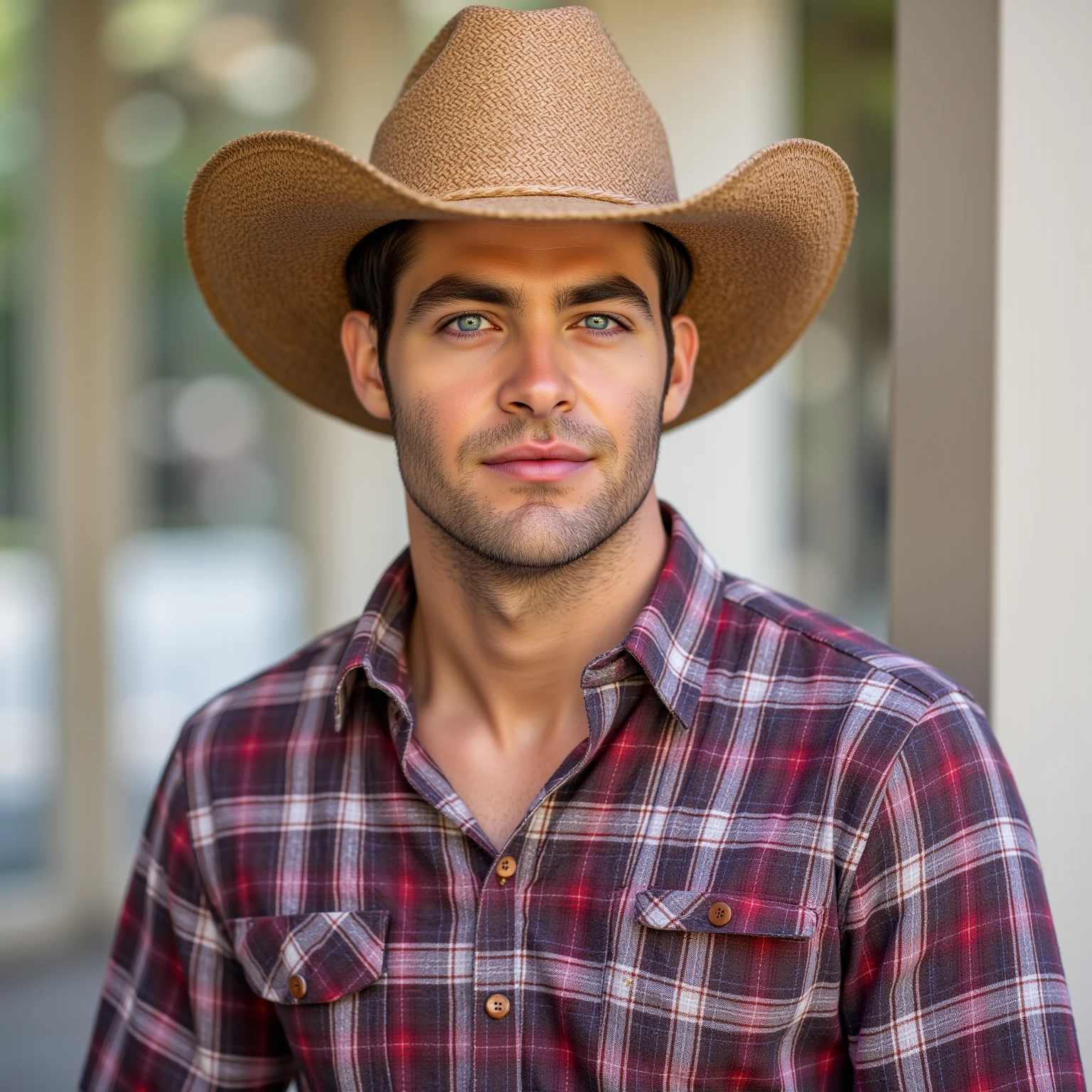 An Arafat man wearing a cowboy hat and plaid shirt posing for a photo, a color photo inspired by Clint Cearley , Trends on Pexels, fantastic realism , Western clothing , Cowboy style, , con una camisa de flannel, 🤠 using a 🖥, cowboy theme , flannel, Man and Tough , with a plaid shirt, Country style
