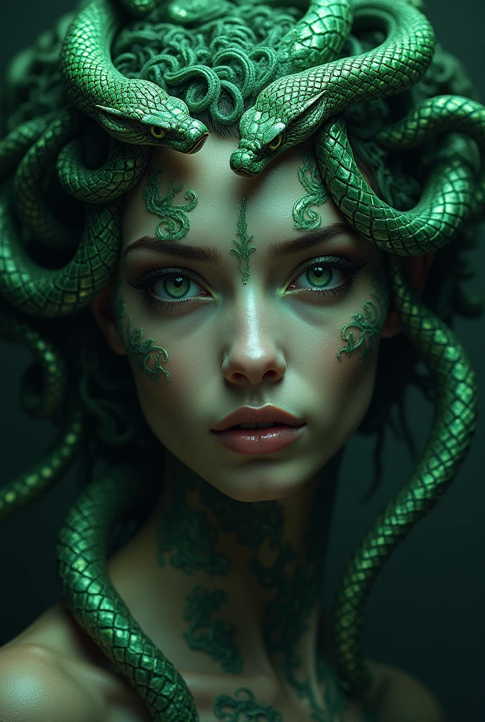 (Realistic:1.5), Photorealistic, RAW photo, Analog Photography Style, Depth of field, ultra-detailed photo of Jellyfish, (hairsh, consisting of countless snakes), Detailed green eyes, dark makeup, gorgeous woman&#39;s face, detailed photorealistic feces, goddess aura, Artstation, bioluminescense, natural shadows, warm filter, cinematiclight, Professional photography, Canon F1 lens.4, 16k
