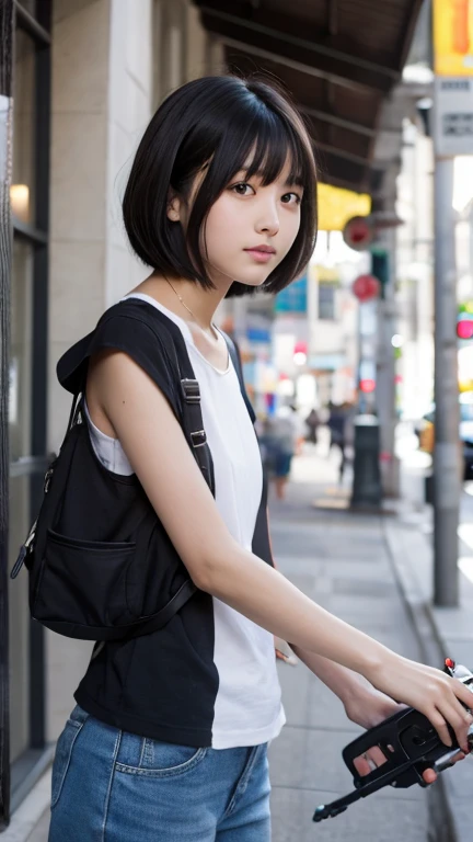 (((A girl meeting someone in front of Shibuya Station、The man filming it)))、(High resolution:1.3), (16k, Photorealistic, Raw photo, Best image quality: 1.4), Japanese, (One Girl), (Black-haired、short hair:1.3), Beautiful Hairstyles, (Realistic Skin), Beautiful skins, attractive, 超A high resolution, Surreal, High detail, Golden Ratio, Highly detailed cute girl,(20-year-old)