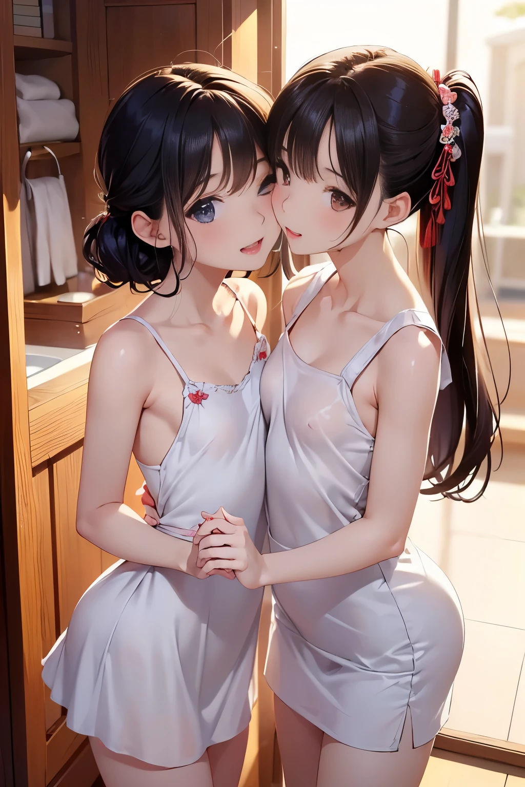 (masterpiece:2.0), (top-quality:2.0), (white Tube top extremely short towel with very big slit:1.5), (view from the behind:1.5), (perfect exposed shoulders:1.5), (perfect exposed nape:1.5), (super sexypose:1.5), (blushed face:1.3), (barechested:1.3), (realistic:1.5), 1 , precise small hands, Embarrassed look, Look at me and embarrassed face, Open mouth, extremely cute girl, innocent face, young face, Clear eyes, Shining eyes, shoulder is visible, small breast, thigh is visible, (The buttocks is visible:1.5), No pubic hair, dynamic posing, The beautiful skin, ultra-definition, Top resolution, japan high school student, brown hair