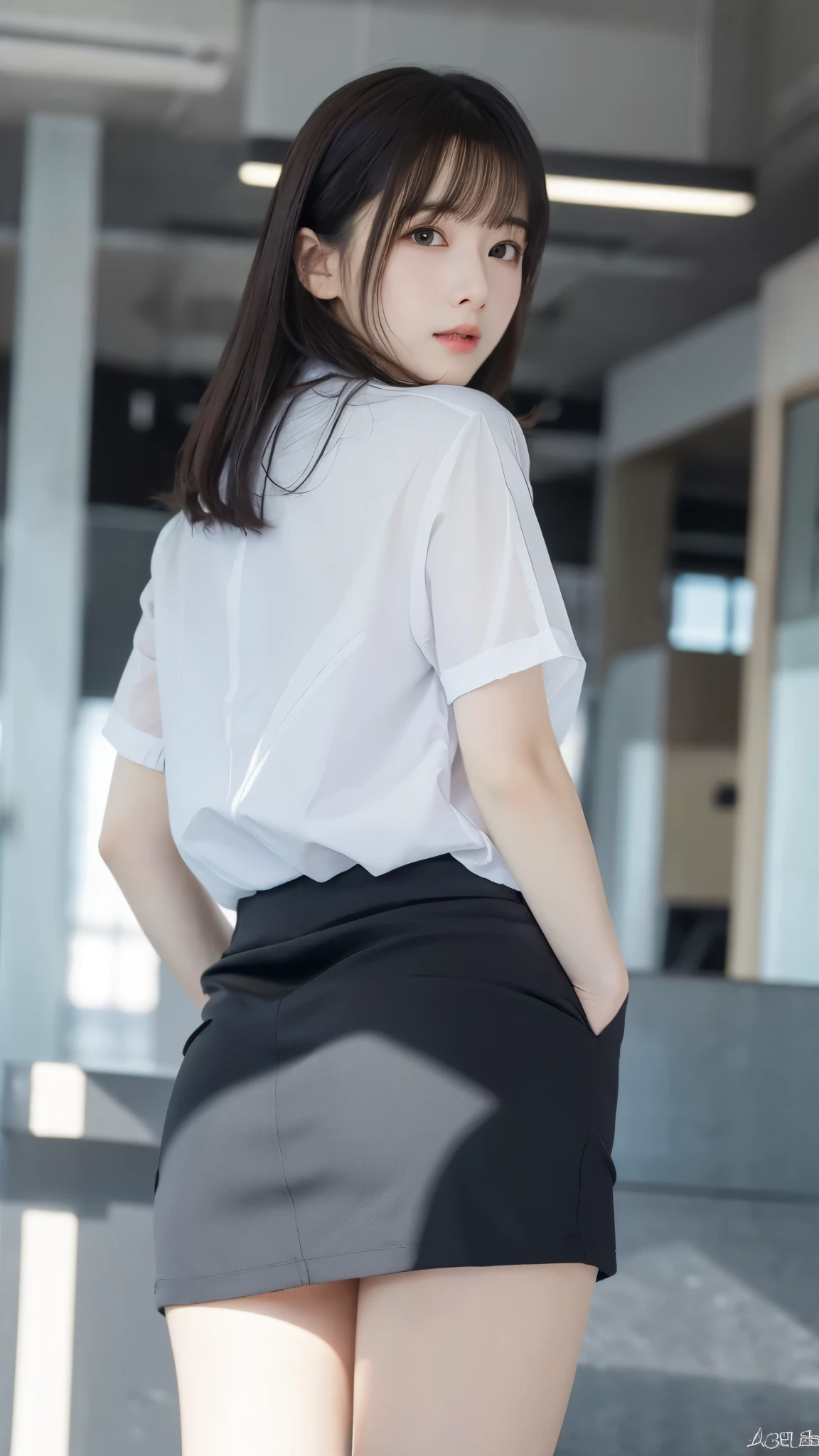 ((最 High Quality , 8k, masterpiece :1.3)), (( Super Big Breasts )), (((whole body)))、 black hair,OL、((secretary))、Office Background、Backwards、 standing、 dull bangs, hair behind the ear, shoulders with chocolate, long hair, Ultra Fine Face, Thin face, Delicate lips, beautiful eyes, Light blush,Perfect glowing skin, perfect skin,Perfect Legs、 Shining Sweat, see here, white Y shirt、 black skirt 、No accessories、View angle from behind, Super Details , High Quality , 最 High Quality , high resolution