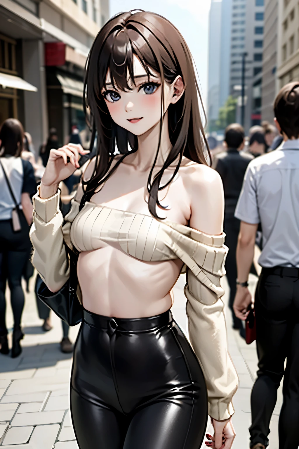 beautiful figure, flat chest, no chest, no boobs, flat boobs, tall body, long purple hair, slander body, beutiful face, A gray knit cropped sweater with a loose, off-shoulder design and flared sleeves. igh-waisted black skinny pants or leggings with a drawstring waist, giving the outfit a sporty yet sleek appearance. The exposed shoulder and cropped length make it perfect for a casual yet stylish daytime look, carrying a gray bag, mall background,
