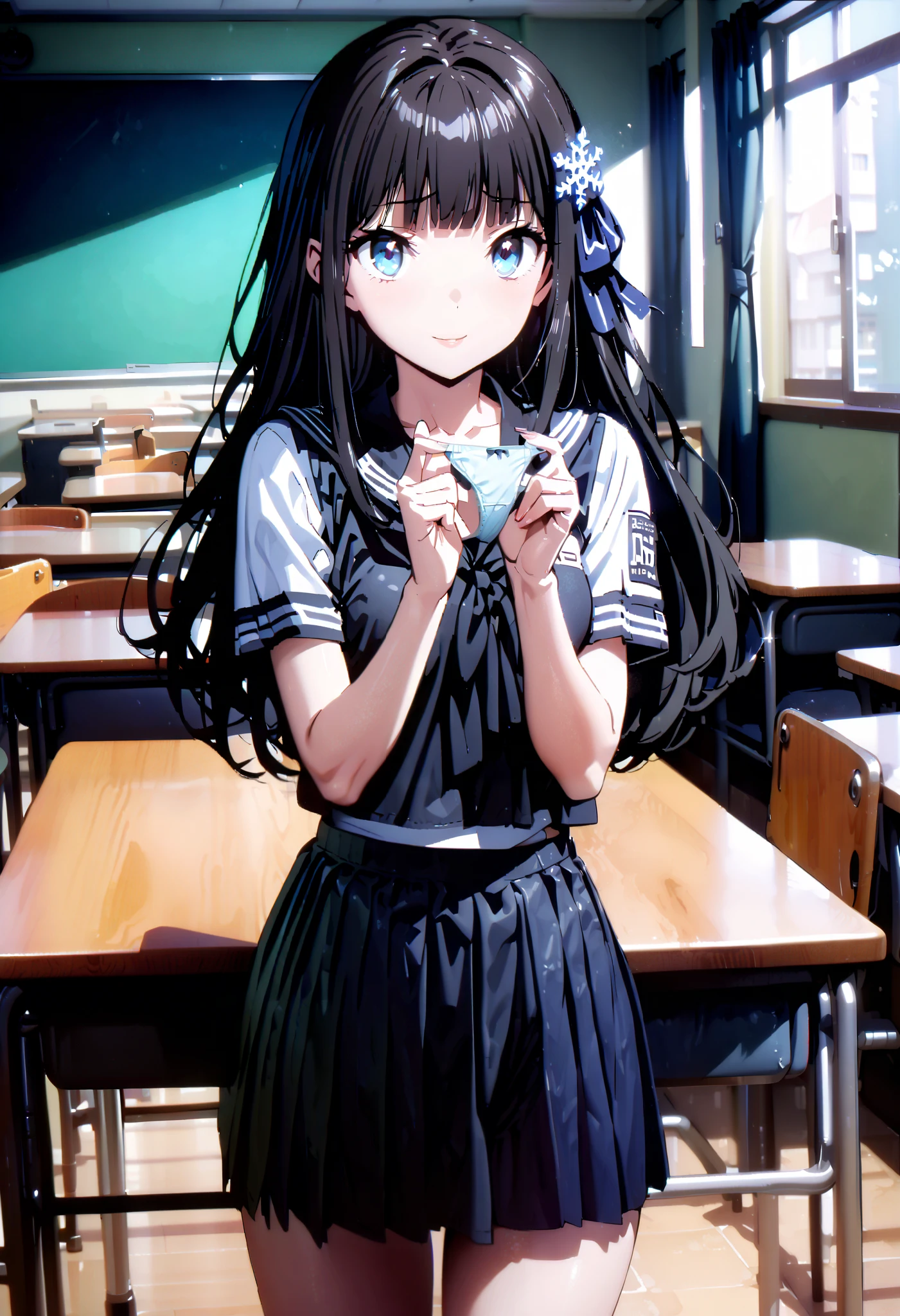  score_9,  score_8_ up,  score_7_ up,  source_Anime,
miyukishiba, Miyuki Shiba,  long hair, blue eyes,  black hair,  hair ornament, ribbon, hair ribbon, snowflake  hair ornament, bangs,  smirking ,smile,blunt bangs,both holding panties,  Panties Not Wore ,  Stained Panties ,Black sailor suit, black mini pleated skirt ,Black socks,whole bodyがイラストに入るように,           break looking at viewer,whole body,
break indoors, classroom, 
break (masterpiece:1.2),  best quality ,  high resolution,  Unity 8K Wallpaper , (figure:0.8), ( precise and beautiful eyes:1.6),  very detailed face,  PERFECT LIGHTING ,  very precise CG, (perfect hand,  perfect anatomy),
 