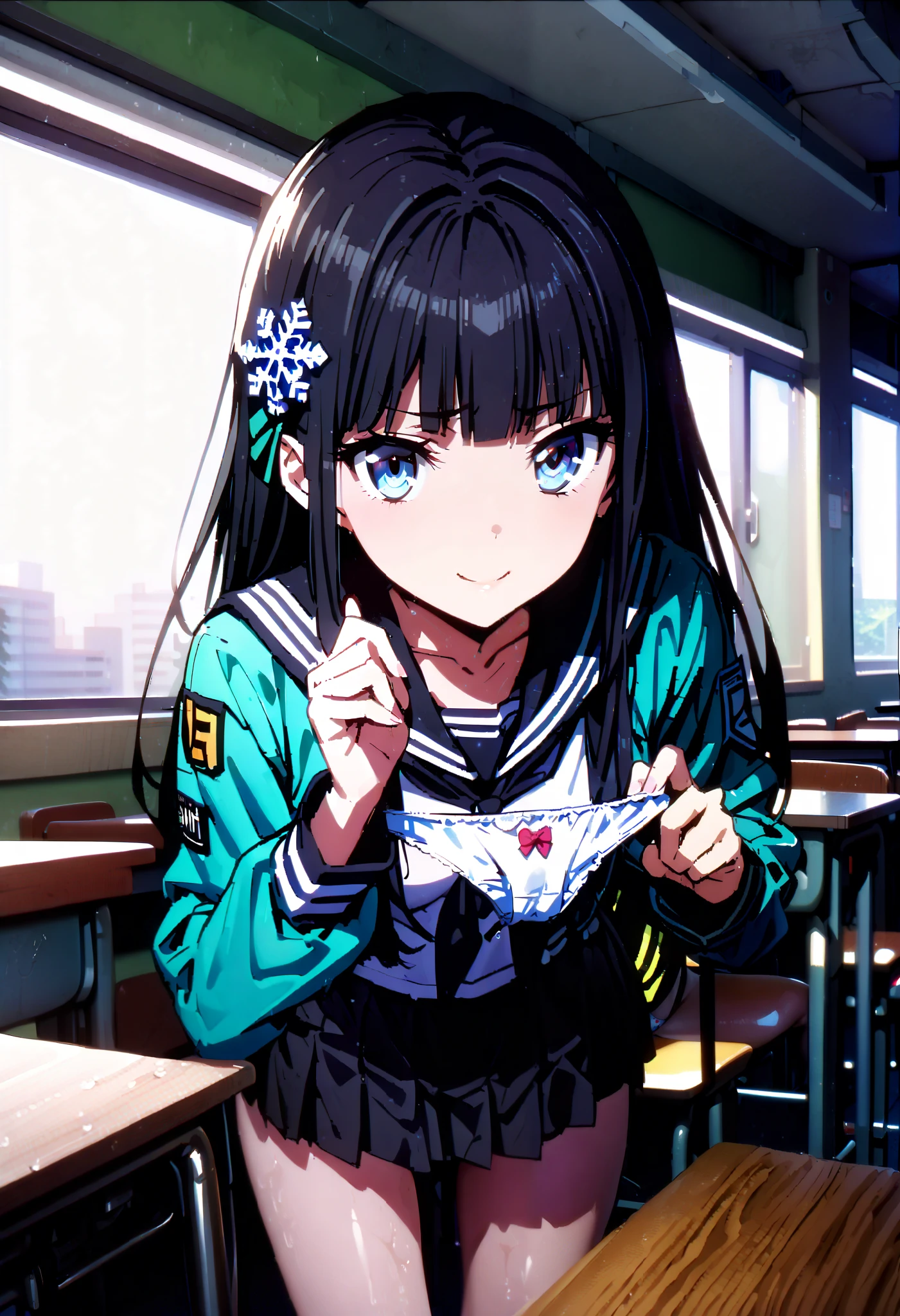  score_9,  score_8_ up,  score_7_ up,  source_Anime,
miyukishiba, Miyuki Shiba,  long hair, blue eyes,  black hair,  hair ornament , ribbon, hair ribbon, snowflake  hair ornament , bangs,  smirking ,smile,blunt bangs,both holding panties,  Panties Not Wore ,  Stained Panties ,Black sailor suit, black mini pleated skirt ,Black socks,whole bodyがイラストに入るように,           break looking at viewer,whole body,
break indoors, classroom, 
break (masterpiece:1.2),  best quality ,  high resolution,  Unity 8K Wallpaper , (figure:0.8), ( precise and beautiful eyes:1.6),  very detailed face,  PERFECT LIGHTING ,  very precise CG, (perfect hand,  perfect anatomy),
 