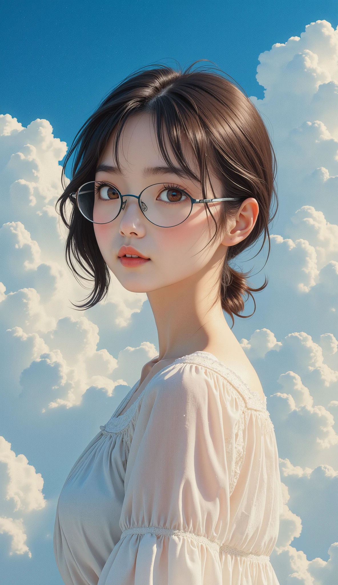 top quality、masterpiece、High sensitivity、 high definition、 detailed depiction 、 Delicate Face Description))Slender Woman japan、Glasses 、 paint my face、Above the streamlined clouds、Hit the bongos、Headbanging、