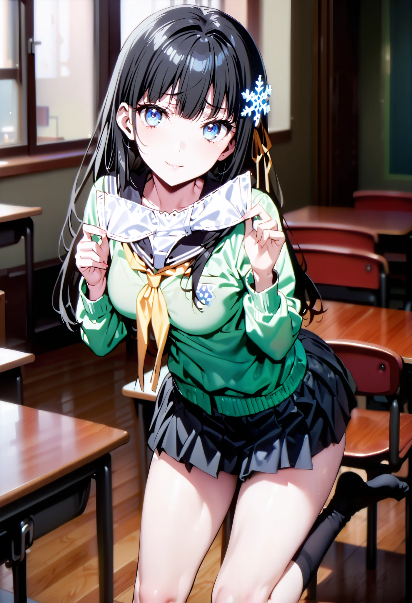 score_9, score_8_ up, score_7_ up, source_Anime,
miyukishiba, Miyuki Shiba, long hair, blue eyes, black hair, hair ornament , ribbon, hair ribbon, snowflake hair ornament , bangs, smirking ,smile,blunt bangs,both holding panties, Panties Not Wore , Stained Panties ,Black sailor suit, black mini pleated skirt ,Black socks,whole bodyがイラストに入るように, break looking at viewer,whole body,
break indoors, classroom,
break (masterpiece:1.2), best quality , high resolution, Unity 8K Wallpaper , (figure:0.8), ( precise and beautiful eyes:1.6), very detailed face, PERFECT LIGHTING , very precise CG, (perfect hand, perfect anatomy),