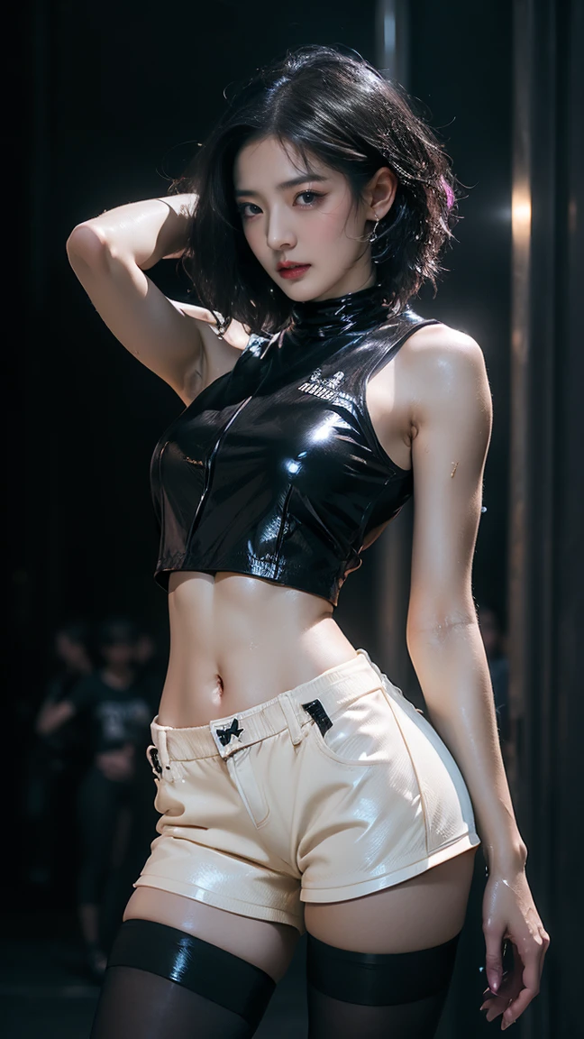 1 Asian girl, girl 26 years old, damp skin, Pale skin, labios jugosos, (afro rizado Cabello negro), Estilo de pelo mojado sirena, Grandes ojos cerrados, pecho hinchado, labios jugosos, Abs, Estilo futurista cyberpunk. cuerpo perfecto, Mano perfecta, pies perfectos. Ella duerme en un gran acuario redondo futurista sin peces. flotando en el agua, medio cubierta por el agua, fetal position, Cables de estilo matriz unidos al cuerpo