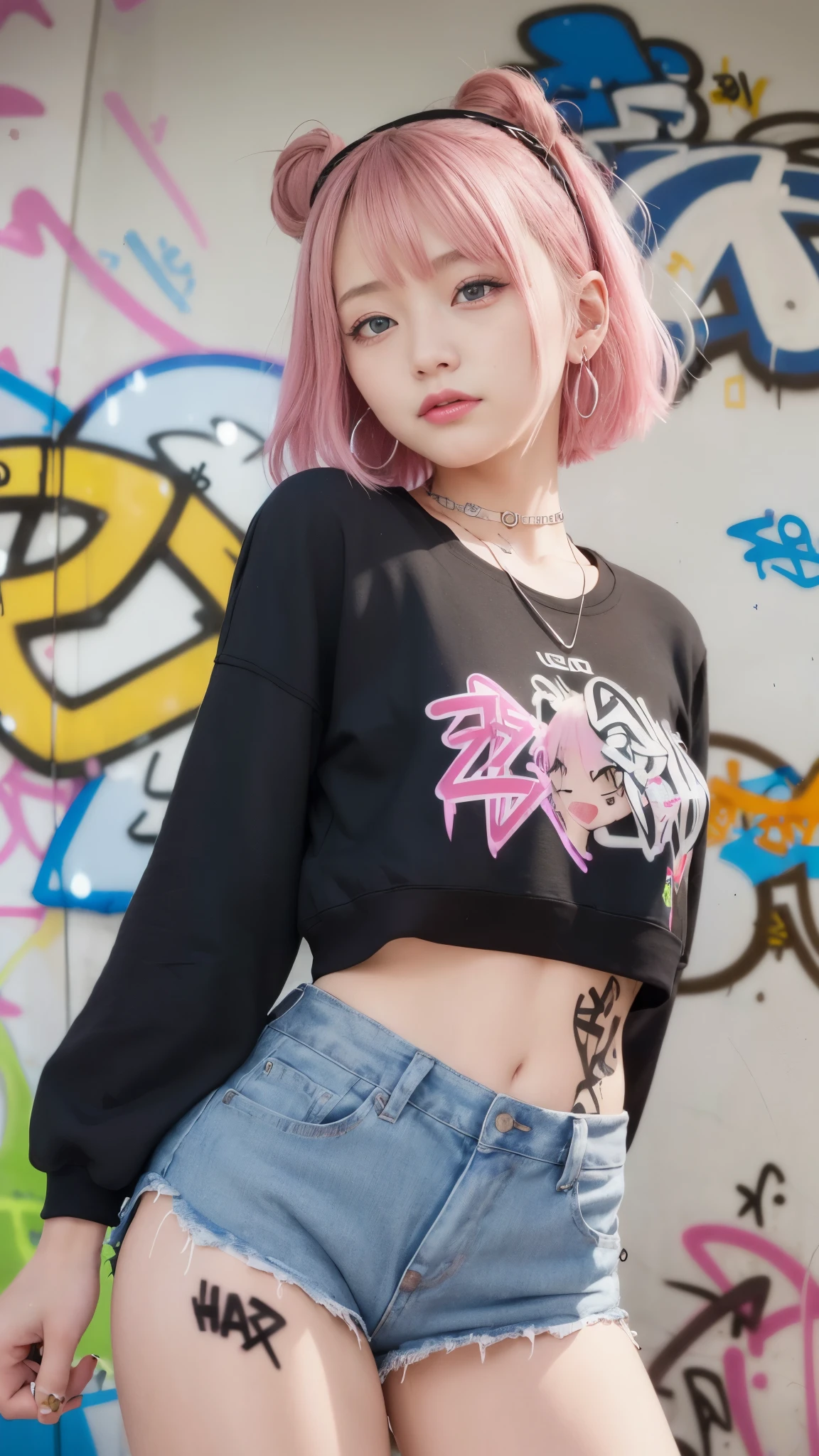 "A charming girl with an idol aura, dressed in a stylish white T-shirt and a denim mini skirt. She is squatting down with her legs spread wide, giving a playful wink and a peace sign. The setting is an urban street with colorful graffiti on the walls, adding a vibrant and youthful vibe."