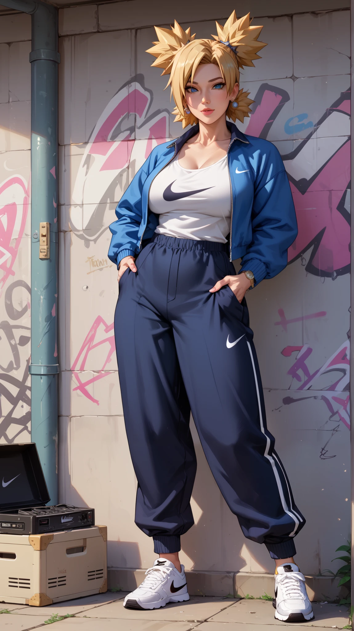 Score_9, Score_8_up, Score_7_up, Score_6_up, Score_5_up, Score_4_up, Source_anime, Tag1, Tag2, quality_masterpiece, Anatomically correct, Thick thighs, Sensual woman, mature female, milf, motherly, Seductive, Temari Nara, hip-hop elements, BREAK ,action_squating, pose_dance, jacket undone, Manchester united Jersey, baggy pants, Nike shoes, boom box, hip-hop culture, graffiti,