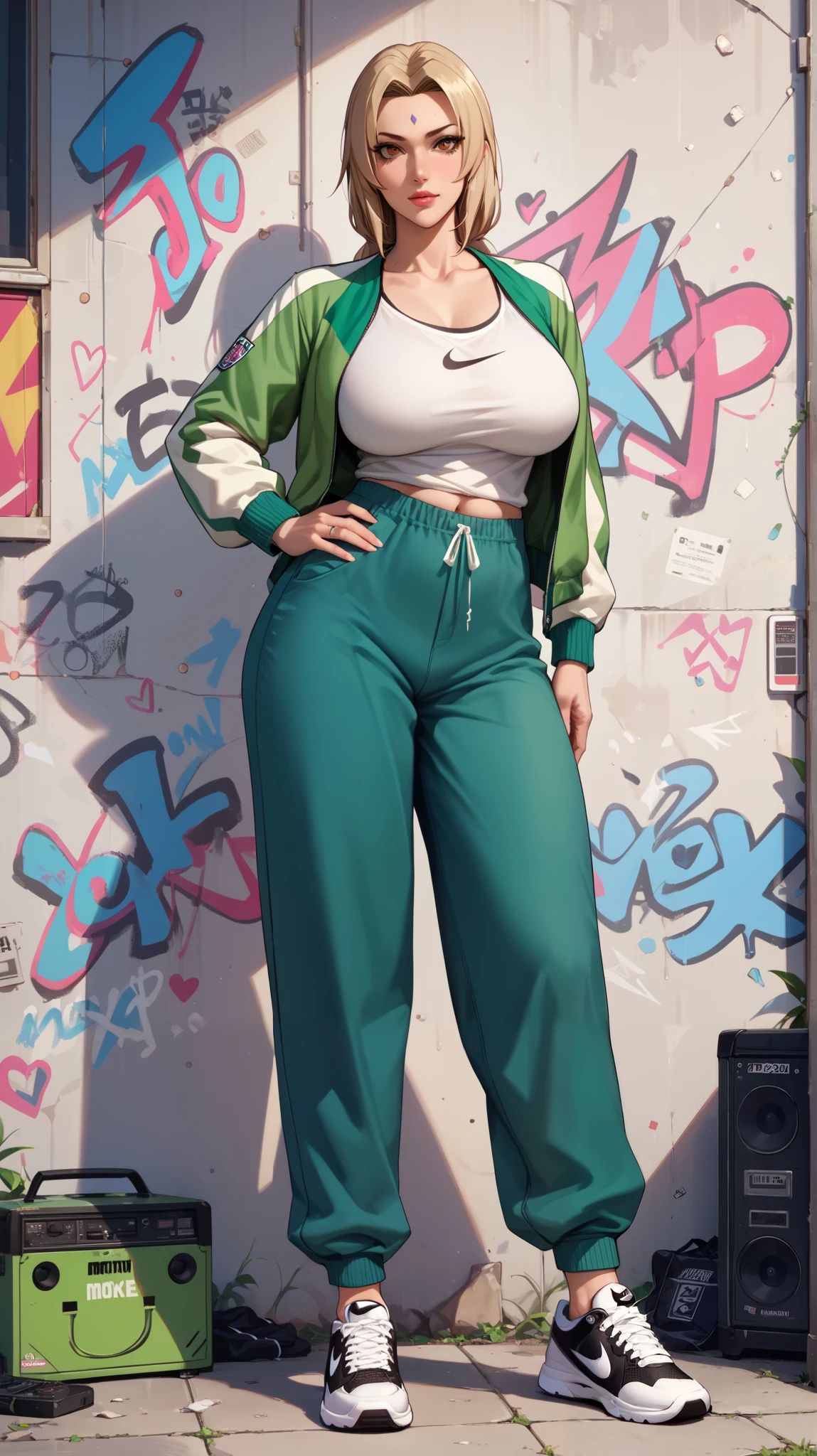Score_9, Score_8_up, Score_7_up, Score_6_up, Score_5_up, Score_4_up, Source_anime, Tag1, Tag2, quality_masterpiece, Anatomically correct, Thick thighs, Sensual woman, mature female, milf, motherly, Seductive, Tsunade, hip-hop elements, BREAK ,action_squating, pose_dance, jacket undone, colorful jacket, baggy pants, Nike shoes, boom box, hip-hop culture, graffiti,