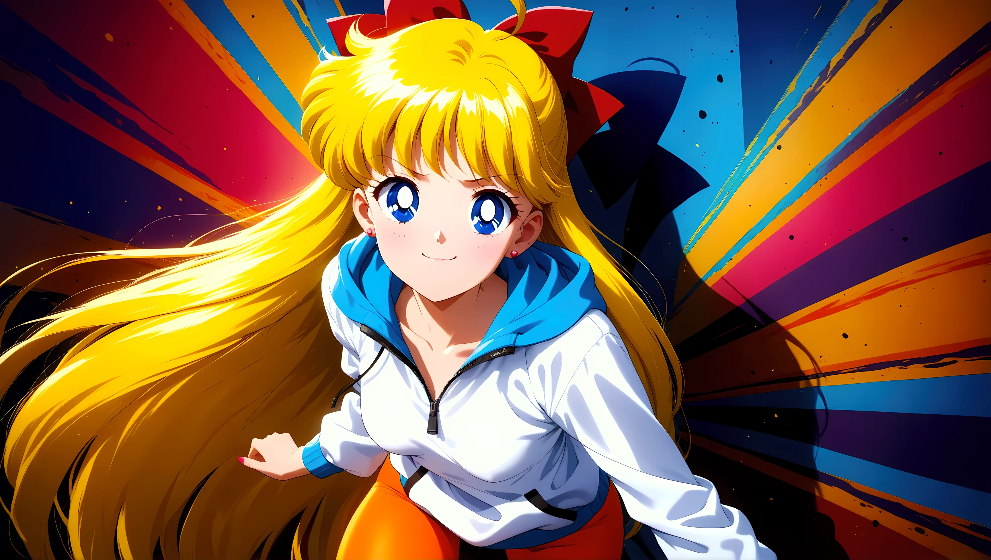 (masterpiece, best quality, very aesthetic, ultra detailed), intriguing details , 4K, one girl, full medium shot, aavenus, long hair, blonde hair, hair bow, earrings, blue eyes, smug, cowboy shot, small breasts, (((dramatic)), ((intense))) photo featuring a age girl with ahoge and as the central character. She stands confidently in the center of the poster, wearing a Half-zip Sweatshirt, orange leggings, gothic accessories, with a happy expression on her face. The background is dark and gritty, with a sense of danger and intensity. The color palette is mainly dark with splashes of vibrant colors, giving the poster a dynamic and visually striking appearance, tachi-e, (cover-style:1.3), fashionable, woman, vibrant, outfit, posing, front, colorful, dynamic, background, elements, confident, expression, (aesthetic body), anime, (ultra sharp, textured skin, beautiful detailed face, dynamic lighting, dynamic shadow, Super Detailed)