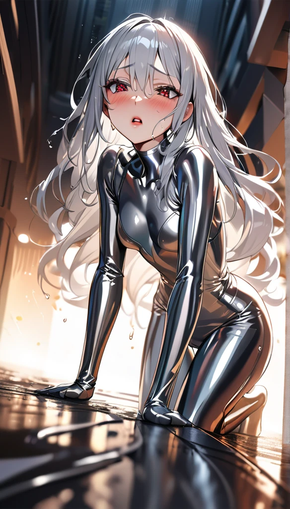 Top quality 8K UHD、glasses、silver metallic bodysuit、silver full body tights、glassesをかけた短髪の銀髪美女、muscular、肌が隠れたsilver metallic bodysuit、upper body up、