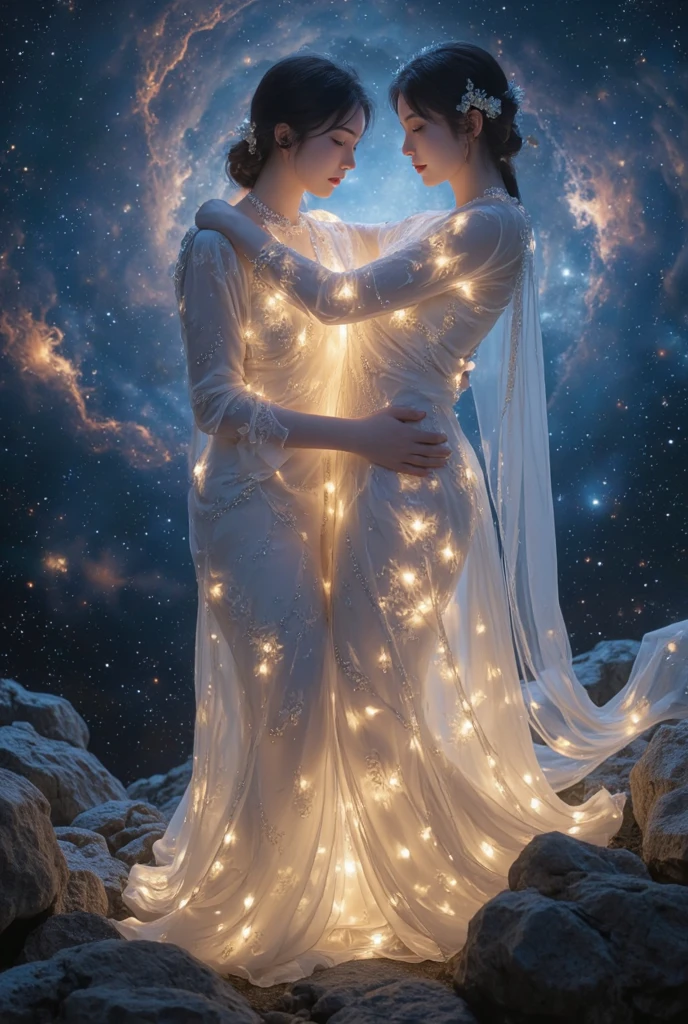 A surreal landscape of stars and galaxies, with ethereal figures intertwined in a dance, draped in shimmering veils.