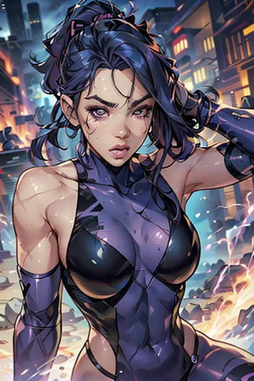Masterpiece, Excellent, 1girl, solo, complex details, color diffusion, comic book, anime, marvel, DC, catgirl, dark skin, ebony, brown skin, dark-skinned female, thighs, cat ears, dark hair, black hair, braids, dreadlocks, braided hair, purple eyes, skimpy attire, epic attire, assassin, badass, deadly but sexy, trending, demon, goddess, Super Villain