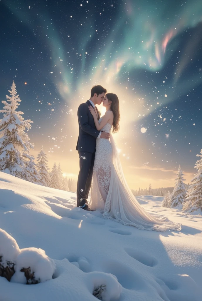 **(((quality: Best picture quality))), ((Painting style: 𝓡𝓸𝓶𝓪𝓷𝓽𝓲𝓬)), (newlyweds:1),(Look at the stars at the top of the mountain at middle night),(wedding gown),(Business suit),(Shine the stars:1.5), Romantic couple photos, cinematic Film still from** - --auto --s2
