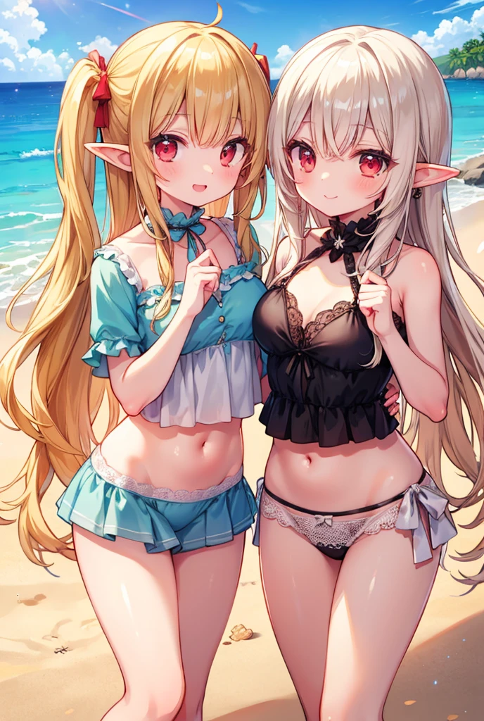 realistic image, coherent image, detailed image, 1 beautiful elf, She has silver hair with black tips, long hair, with braids, silver eyes, her face is oval and delicate, Blushing, smiling, She is wearing a bikini with denim mini shorts, She has a curvy body, small breasts, thick thighs, view of the thighs, with legs together, snowflakes,