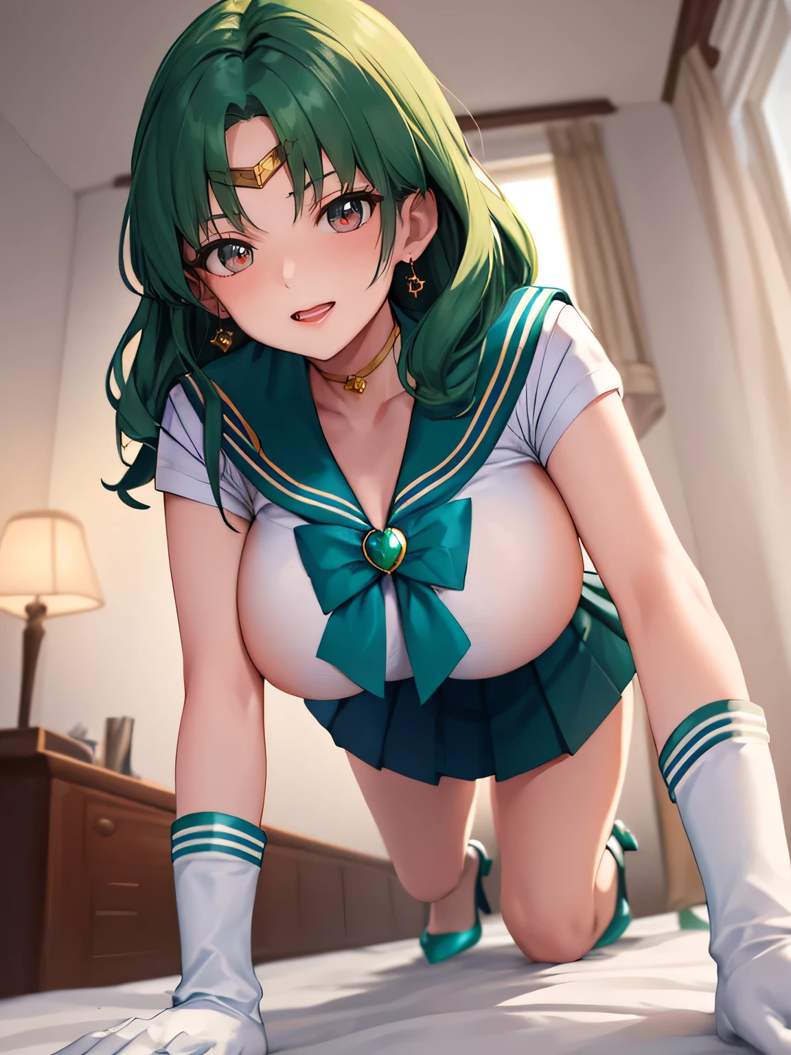 (La Highest quality,High resolution,Very detailed,Actual),Ariana Grande,One Girl, Sailor Neptune, (Sailor Warrior Uniforms:1.4), Dark green hair, Medium Hair, Supplicant Skirt, Earrings, (白いElbow hand pockets:1.4), gem, Center of chest, Dynamic Background, Dynamic posture, High heels,More detailed 8K.Unreal Engine:1.4,超High resolution,La Highest quality:1.4, Realistic:1.4, Skin Texture:1.4, masterpiece:1.8,masterpiece, Highest quality,Object Object], (Detailed facial features:1.3),(Great hands),,(White knee-high boots: 1.4), choker, (White gloves:1.4), choker verde, Elbow hand pockets, gem, Earrings, Green Skirt, Green Hair,(Sailor Neptune:1.4),(Half Body:1.4) ,(Hand Detail:1.4 ), ,( Cyberpunk 2.1),( Beautiful green eyes ), ((Spread your legs:1.5)), ((spread pussy:1.3)), From the knee up, Sitting, Raise your knees, Raise your arms above your head, ((lying on bed:1.3)), ((Showing nipples:1.7))