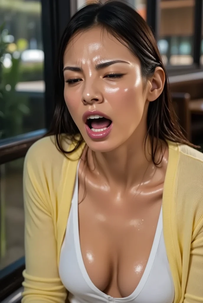 Beautiful Japanese actresses、1 girl,Flying debris,,Award-winning photo, Very detailed,Face Focus, Big double eyes(Woman with open mouth and closed eyes ), 18-year-old、Black Hair、Shiny skin、(((Face close-up)))、Realistic nostrils、Long and narrow nasal cavity,、Small toilet,Squat、((White collared shirt))、Big Breasts、(Sharp Nose)Frowning performance:1.4,,performance,Frowning,please raise your head、Skin shiny with sweat,Oily facial skin,Tied Hair,Crouching female teacher,、Squat、50 degree hot room、Skin shiny with sweat、Wet transparent fabric,Sweaty all over my face,A face enduring intense pain、Screaming face,Open your mouth wide and shout,Public toilets,Toilet,Bust Chart,Upper Body