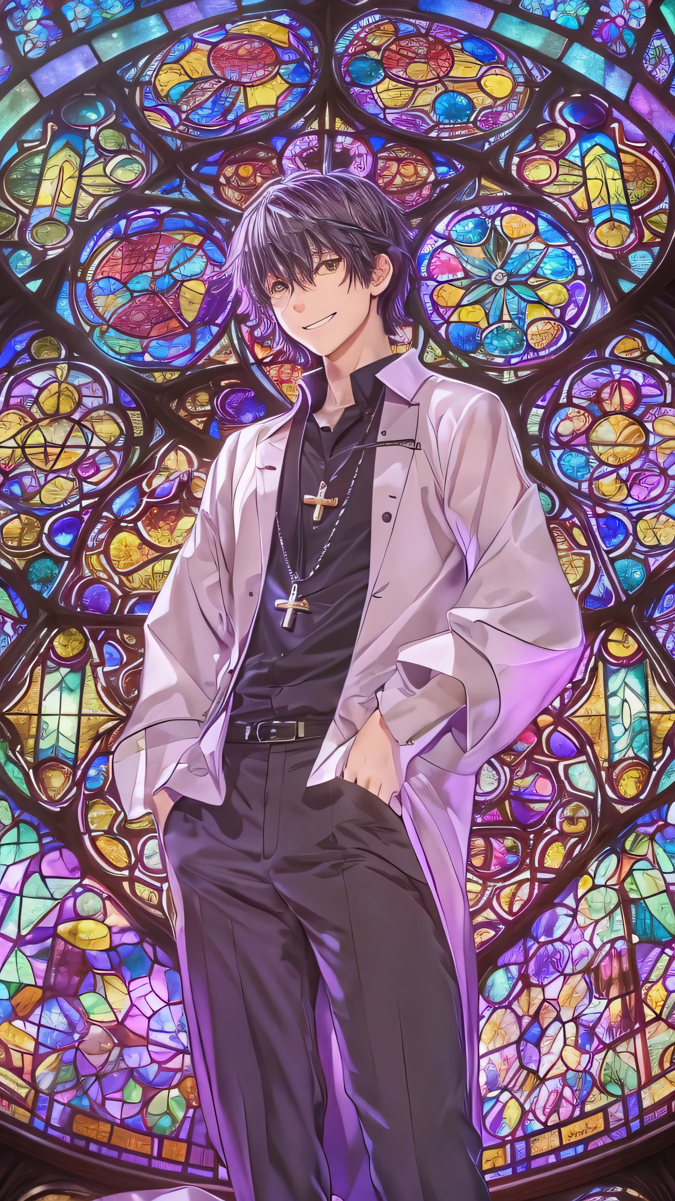 Masterpiece, best quality , Details, one boy,
church, stained glass , light, indoor, light particles ,
kotomine kirei, stretches out his arms, purple coat , black shirt, black pants , Cross Necklace , split bangs , smile