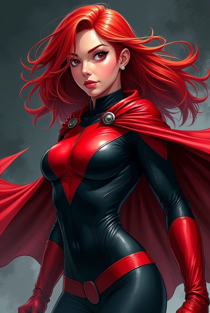 1girl, black bodysuit, long red hair, black, black bodysuit, fully-clothed, red belt, red gloves, red boots, black cape with red inside, red bat on the chest, superhero