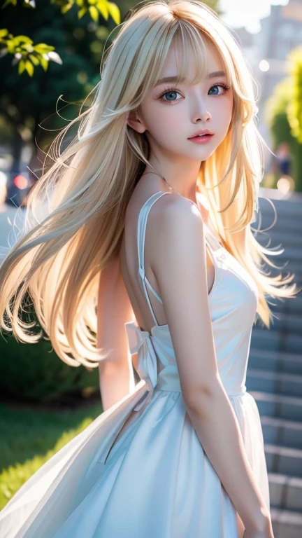 Top quality work、Real works、Ultra Premium Graphics、8K HD CG Works、High Quality Graphics、High-definition CG works、10x pixels、Ultra-fine detail:1.1、Advanced Technical Details:1. 1 PhotoReal、(Little girl walking in the park)Natural light:1.5.Light Effects(Virtual Light Effects:1.8)、Wet Long Silver Hair、Silver Hair、Transparent hair、Highly detailed hair(Premium Hair Detail:1. 1)Clear Eyes、Beautiful double eyelids、Sharp eye makeup、Delicate eyelash makeup、Thin eyebrows、Eye for detail、High nose、Nice red lips、Rosy Cheeks、Delicate makeup face、Cute Face、Perfectly Proportioned Face、(Advanced Facial Detail:1. 1)、Shine、(Off-the-shoulder semi-transparent white floral dress)、girl、photo shoot、woman' Work of、whole body、Real、wonderful、My eyes are shining today、、(Sudden、Wind)、(The wind flips up my skirt)、(I can see her panties)、((Rear view)),((look back)),