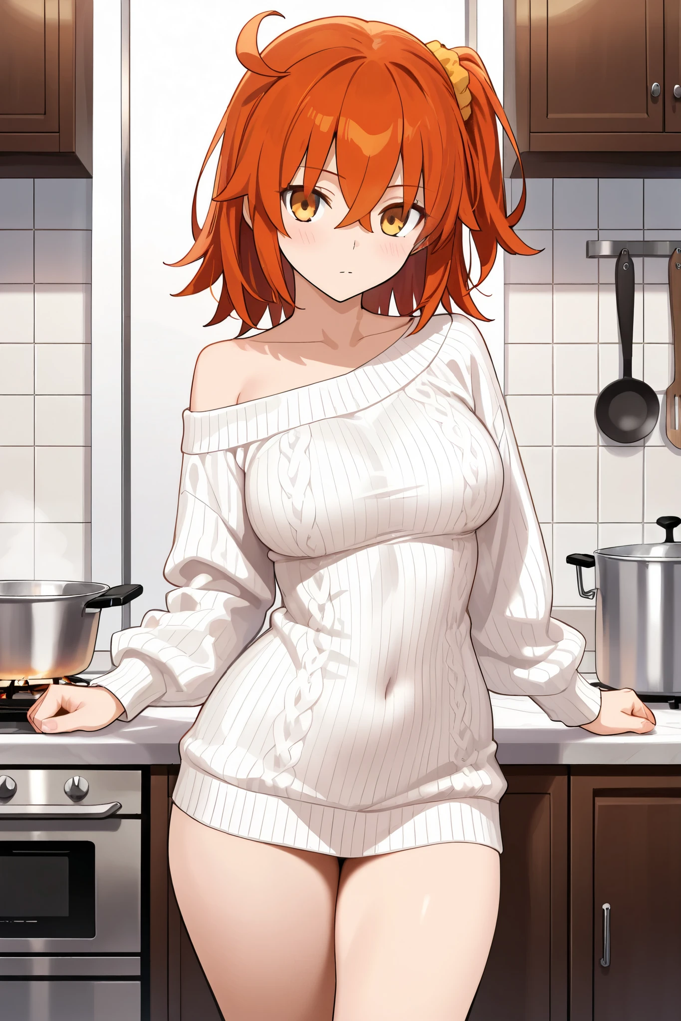 back view, ass focus, 1 girl, mature woman, milf, short golden orange hair, yellow eyes, seductive smile, giant breasts, huge bust, neckline, Wide hips, thick thighs, big ass, white off shoulder sweater, without pants, purple panties, ass support, kitchen, 8k, masterpiece