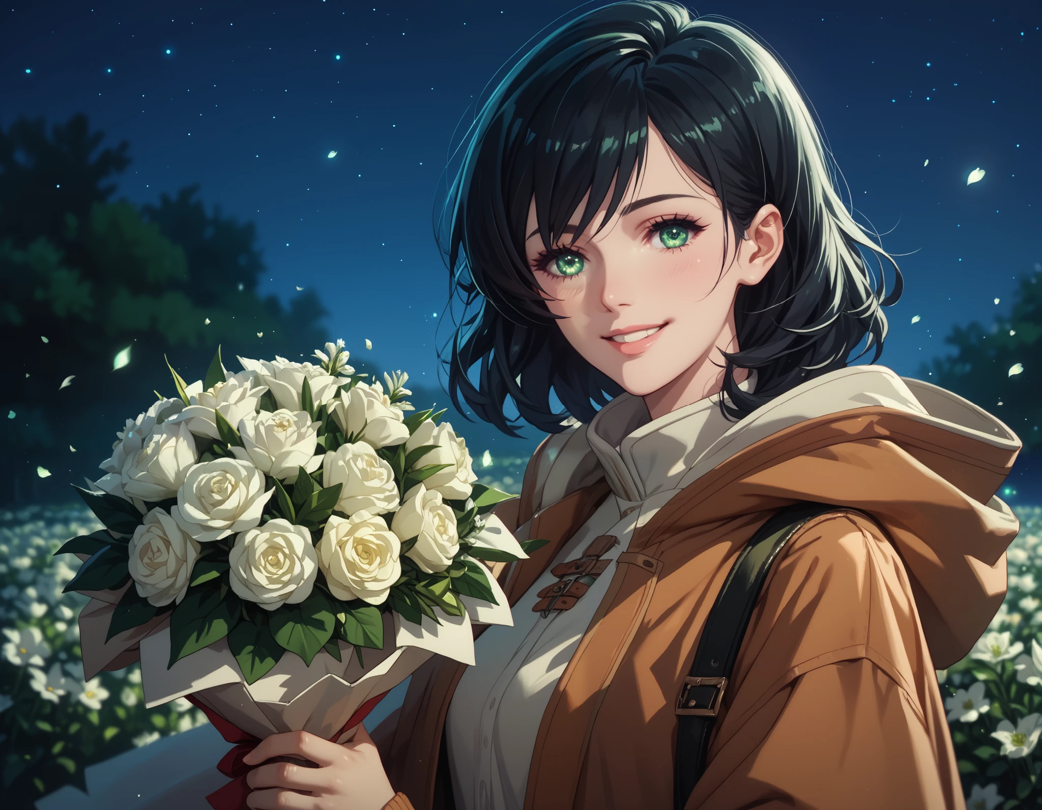 KJOlily, black hair, green eyes, medium hair, swept bangs, innocent, smiling, holding a large bouquet of softly glowing white flowers, night-time