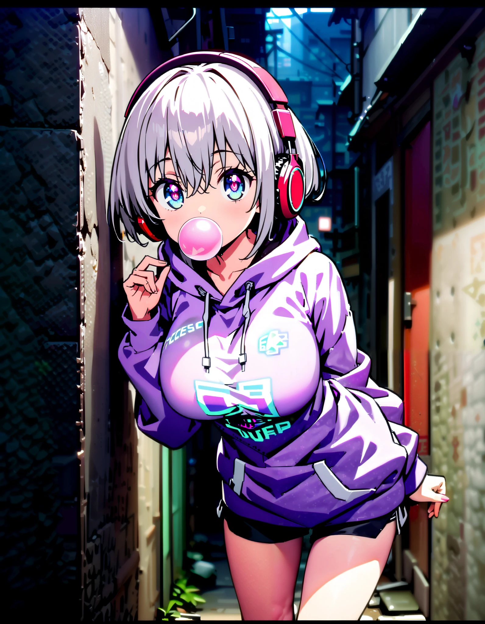  score_9,  score_8_ up,  score_7_ up,  source_Anime, Red root heart ,   light purple hair,  pink eye,  short hair while on a business trip,  big breasts,Blowing bubble gum,OVERSIZE PURPLE HOODIE , BLACK PANTY STOCKING, shorts,Red Glasses, Wear Hoodie Hood ,Wired headphones, standing leaning against a wall,night,whole bodyがイラストに入るように,                          break looking at viewer,whole body,
break outdoors,alley, 
break (masterpiece:1.2),  best quality ,  high resolution,  Unity 8K Wallpaper , (figure:0.8), ( precise and beautiful eyes:1.6),  very detailed face,  PERFECT LIGHTING ,  very precise CG, (perfect hand,  perfect anatomy),