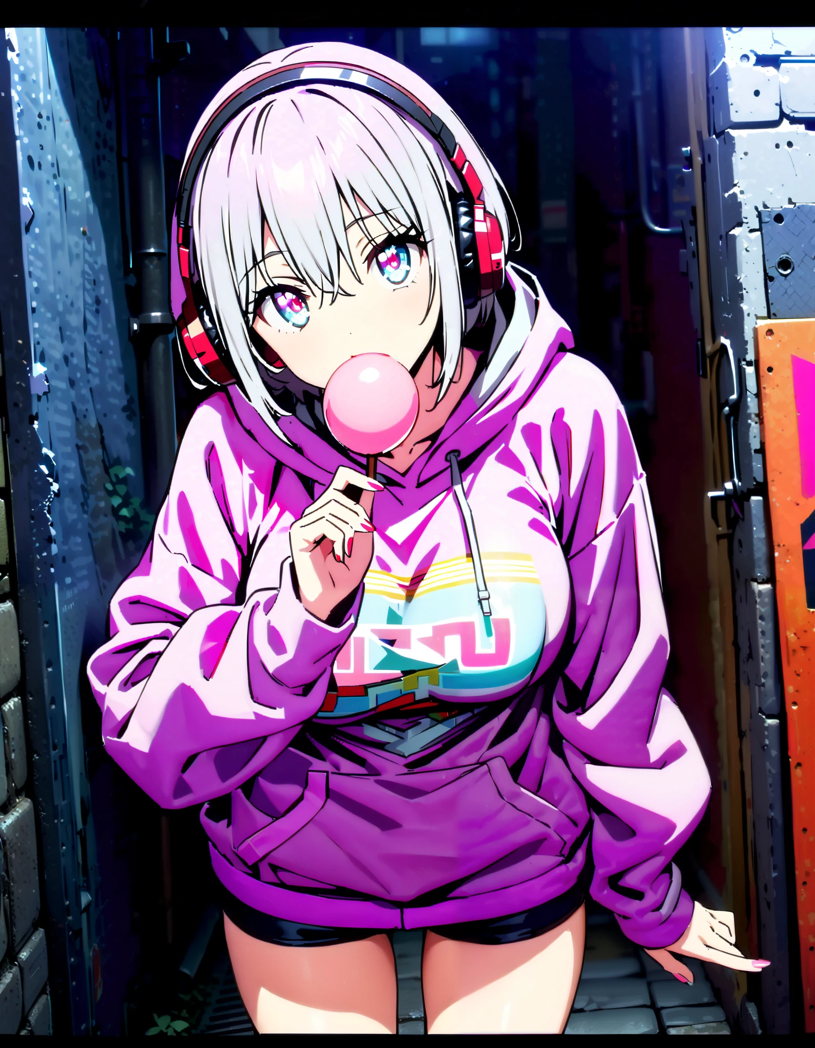 score_9, score_8_ up, score_7_ up, source_Anime, Red root heart , light purple hair, pink eye, short hair while on a business trip, big breasts,Blowing bubble gum,OVERSIZE PURPLE HOODIE , BLACK PANTY STOCKING, shorts,Red Glasses, Wear Hoodie Hood ,Wired headphones, standing leaning against a wall,night,whole bodyがイラストに入るように, break looking at viewer,whole body,
break outdoors,alley,
break (masterpiece:1.2), best quality , high resolution, Unity 8K Wallpaper , (figure:0.8), ( precise and beautiful eyes:1.6), very detailed face, PERFECT LIGHTING , very precise CG, (perfect hand, perfect anatomy),