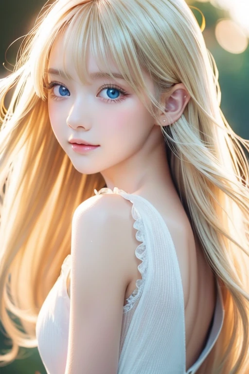 1 girl, The cutest girl、bright look、very messy blonde hair, Blond hair floating、Her bright, super long, straight blonde hair is dazzling with its golden shine.、very beautiful super long shiny blonde hair、very beautiful cute face、Sparkling Beautiful Skin、solo、super high quality、hard focus、film grain、ultra high resolution、masterpiece、Big eyes with sparkling lovely detailed crystal clear pale light blue、round face、small face beauty、Young shiny cheeks、Very beautiful long messy bangs over the eyes