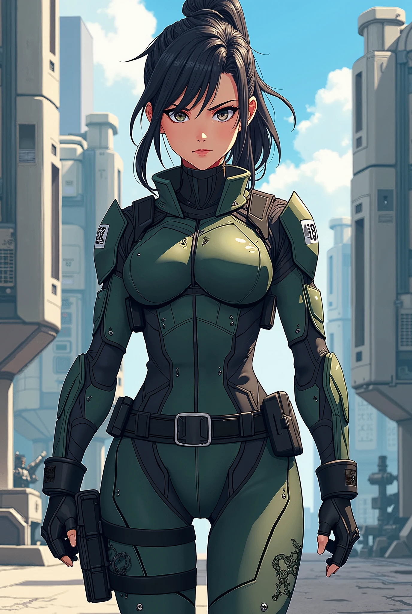 Tough young white woman in long tattered futuristic military gear holding a gun, with a touch of blood and showing his skills as a science fiction soldier. She also has a long, thick red ponytail and green eyes.., easy trigger, muscular, athletic, , (1woman), (sequence of images of something or someone in motion), Best Quality, (masterpiece), (methurlante), (comic), y2k animation, intricate detail, seeds, (Futuristic),