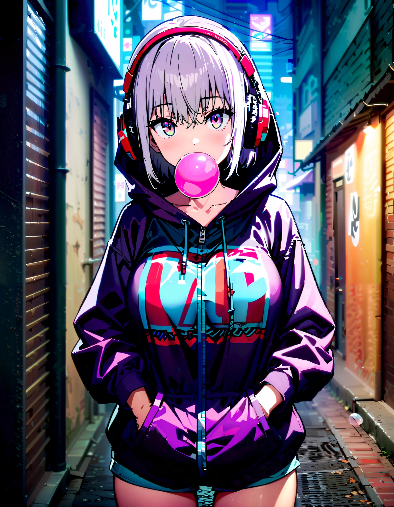  score_9,  score_8_ up,  score_7_ up,  source_Anime, Red root heart ,   light purple hair,  pink eye,  short hair,  big breasts,Blowing bubble gum,OVERSIZE PURPLE HOODIE , BLACK PANTY STOCKING, shorts,Red Glasses, Wear Hoodie Hood ,Wired headphones, standing leaning against a wall,night,whole bodyがイラストに入るように,                          break looking at viewer,whole body,
break outdoors,alley, 
break (masterpiece:1.2), best quality  , kampala,unity 8k wallpaper,(shape:0.8),(  fine, beautiful eyes  :1.6),It's a person ,whole body写真,CG Details , (perfect hand, complete anatomy),